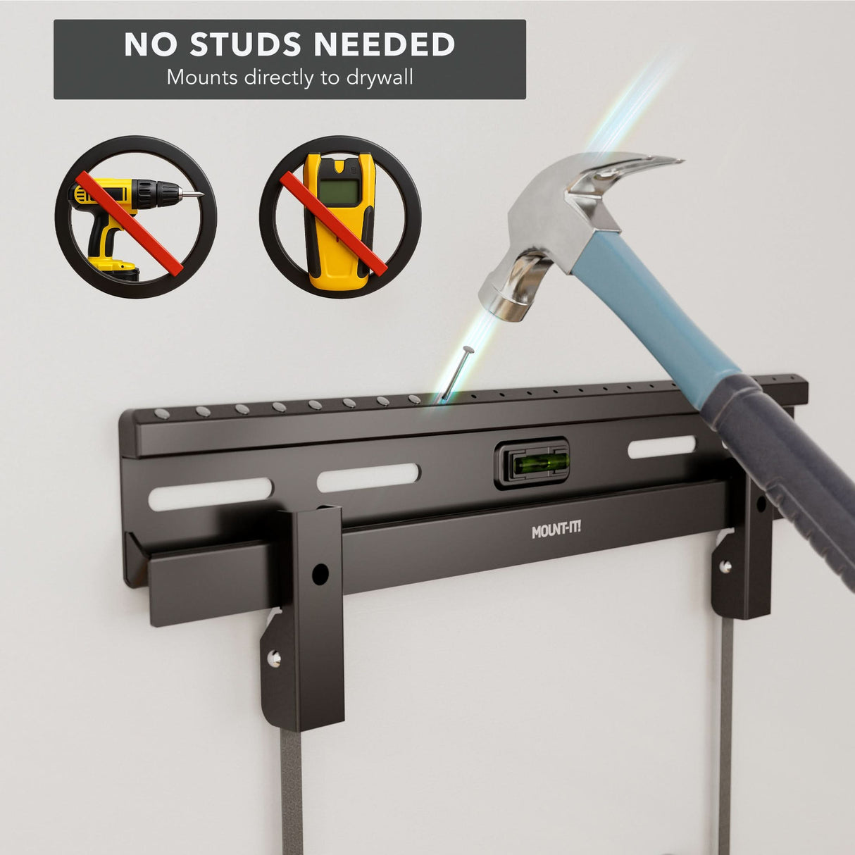 No Stud TV Wall Mount for TVs 23" - 65" Close-up of the Mount-It! No Stud TV Wall Mount for TVs 23" - 65", showing a hammer installing the mount directly into drywall without the need for drills or stud finders, highlighting easy, damage-free setup with built-in bubble level for precise alignment.
