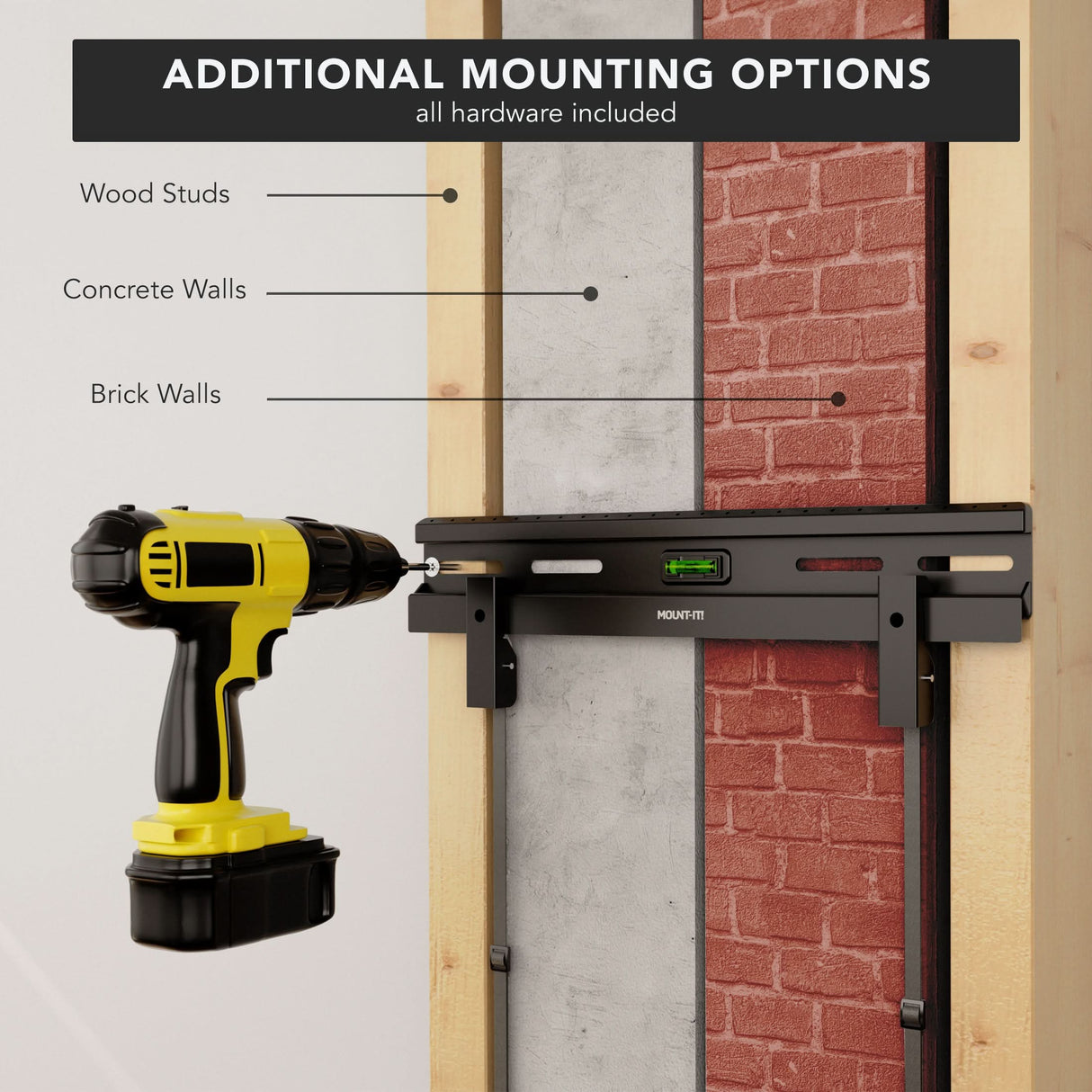 No Stud TV Wall Mount for TVs 23" - 65" No Stud TV Wall Mount for TVs 23" - 65" displayed with a black mounting bracket attached to a wall showing options for wood studs, concrete walls, and brick walls, alongside a yellow and black cordless drill highlighting easy installation with hardware included and built-in bubble level for precise mounting.