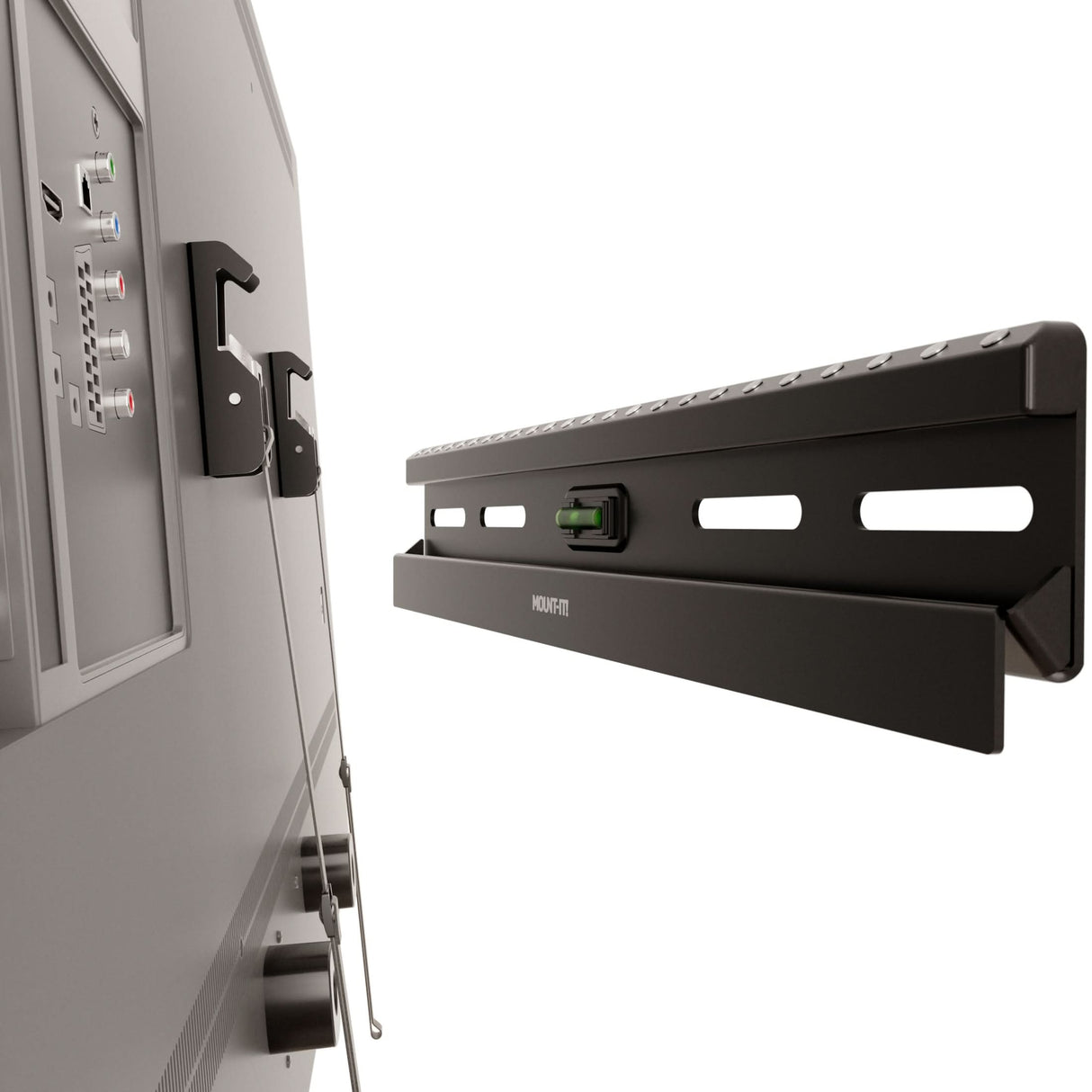 No Stud TV Wall Mount for TVs 23" - 65" Close-up side view of the Mount-It! No Stud TV Wall Mount for TVs 23" - 65", showing the slim black mounting bracket attached to a TV, featuring a built-in green bubble level for precise, damage-free installation without wall studs, designed for easy mounting on drywall, supporting up to 132 lbs with a sleek low-profile design ideal for renters and minimalistic spaces.