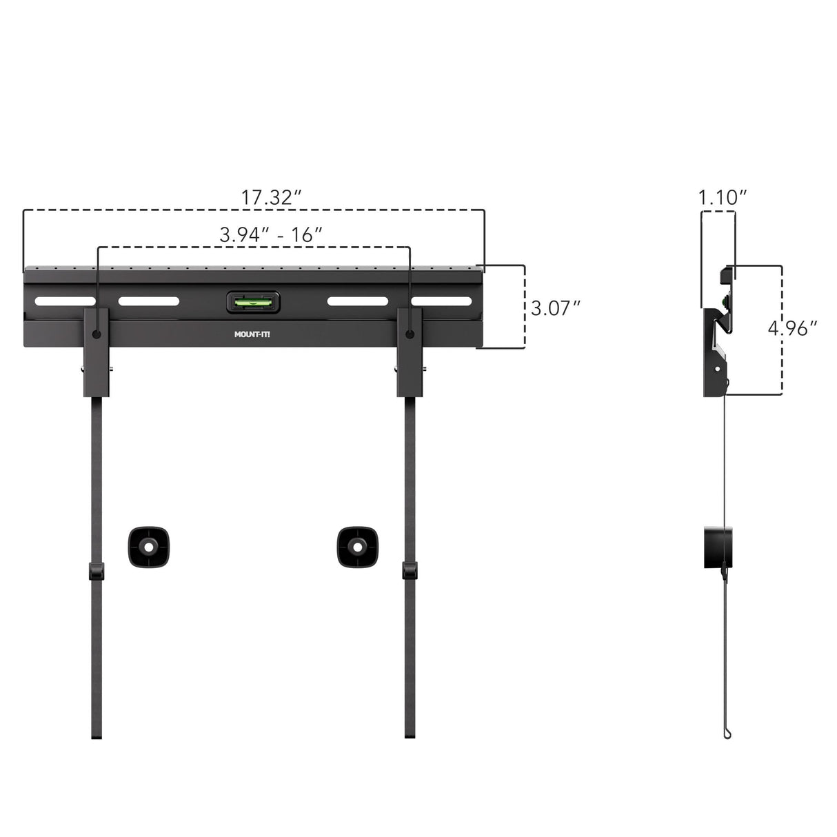 No Stud TV Wall Mount for TVs 23" - 65" Front and side view technical diagram of the No Stud TV Wall Mount for TVs 23" - 65" by Mount-It!, showing detailed dimensions including width, height, and depth, with an integrated bubble level for precise alignment and quick-release spring locks for easy TV removal, designed for flexible and near damage-free installation on drywall without requiring studs.