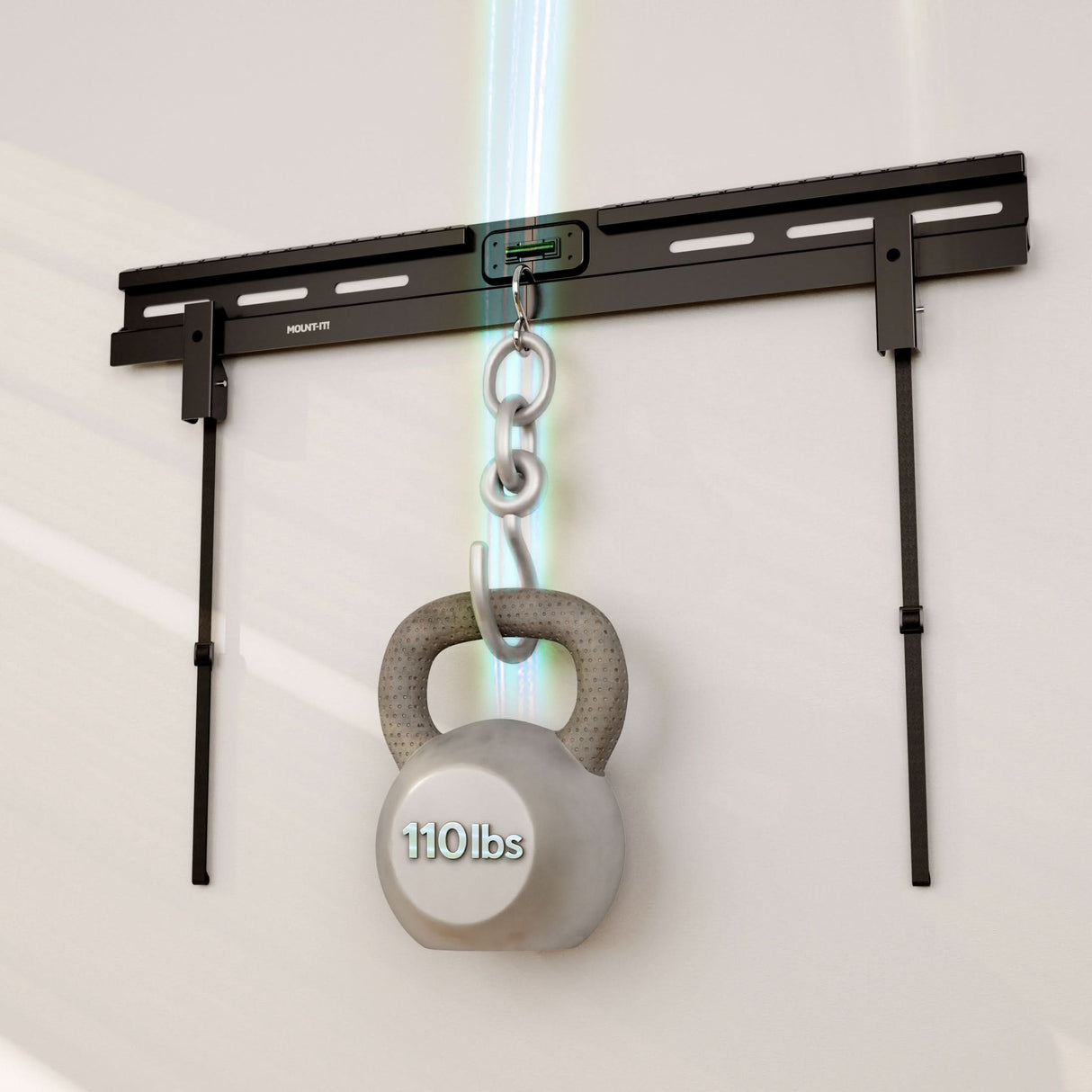 No Stud TV Wall Mount for TVs 37" to 85" A 110-pound kettlebell hangs securely from the Mount-It! No Stud TV Wall Mount for TVs 37" to 85", showcasing the impressive strength and load capacity of this robust mounting system.
