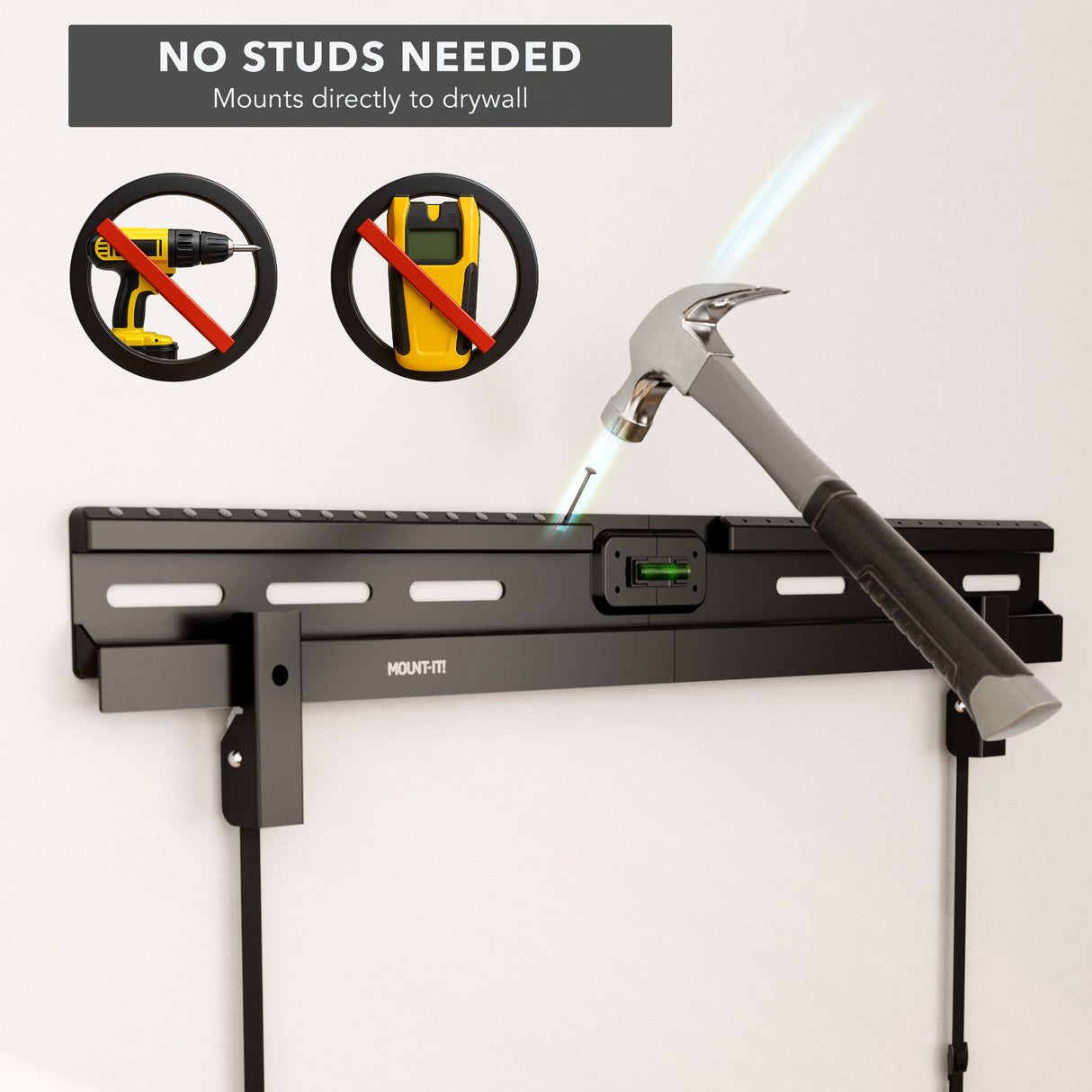 No Stud TV Wall Mount for TVs 37" to 85" No Stud TV Wall Mount for TVs 37" to 86" by Mount-It! shown mounted on drywall with a hammer, emphasizing no studs or drills needed, featuring a built-in bubble level for precise, professional installation and a sleek, secure design that supports large TVs without compromising stability or safety.