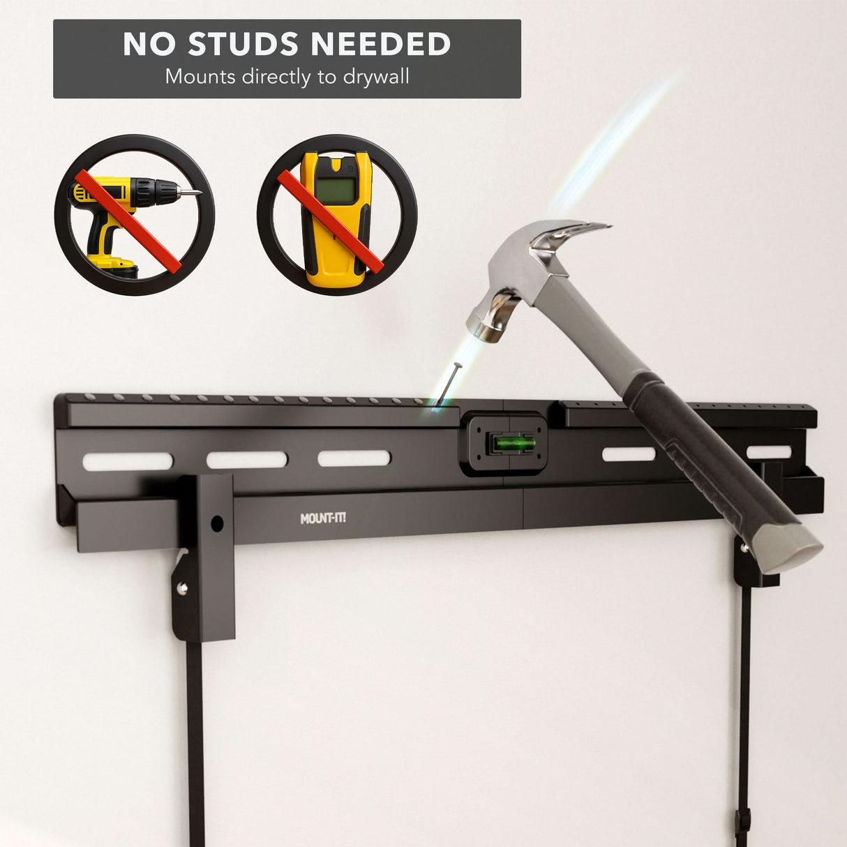 No Stud TV Wall Mount for TVs 37" to 85" No Stud TV Wall Mount for TVs 37" to 86" by Mount-It! shown mounted on drywall with a hammer, emphasizing no studs or drills needed, featuring a built-in bubble level for precise, professional installation and a sleek, secure design that supports large TVs without compromising stability or safety.