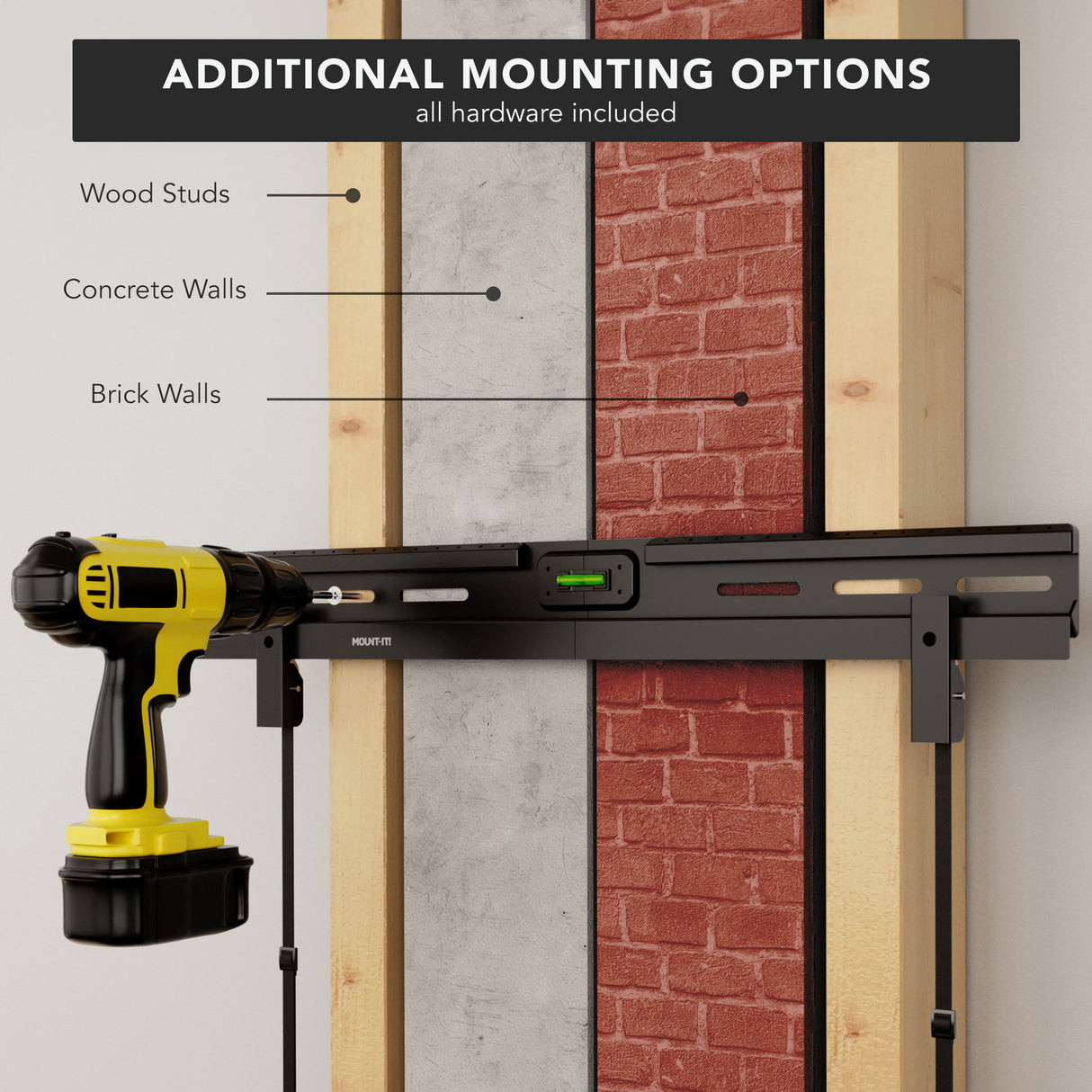 No Stud TV Wall Mount for TVs 37" to 85" No Stud TV Wall Mount for TVs 37 to 86 inches shown with a power drill attached, mounted on a display featuring wood studs, concrete walls, and brick walls to illustrate additional mounting options and versatility for different wall types.
