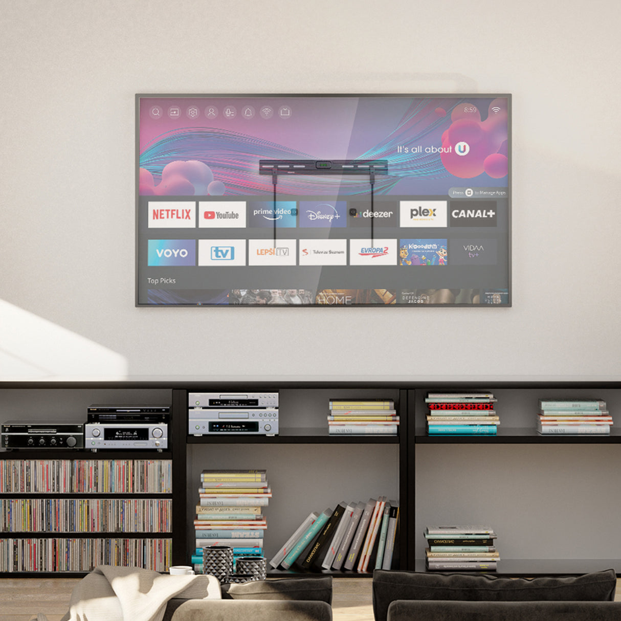 No Stud TV Wall Mount for TVs 37" to 85" Modern living room setup featuring a large flat-screen TV mounted flush against the wall using the No Stud TV Wall Mount for TVs 37" to 86", showcasing a sleek, stud-free installation on drywall without drilling into studs. The mount supports heavy TVs securely and includes a built-in level for precise alignment, creating a clean, professional look ideal for apartments, studios, or home gyms.