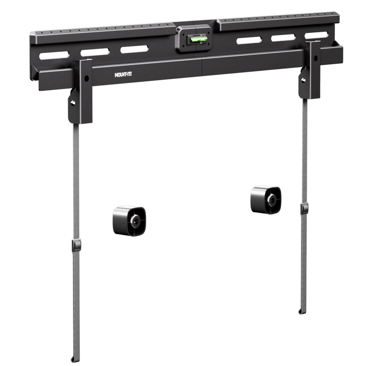 No Stud TV Wall Mount for TVs 37" to 85" No Stud TV Wall Mount for TVs 37" to 86" by Mount-It! shown with durable black metal frame designed for mounting large TVs up to 132 lbs directly on drywall without studs, featuring adjustable straps, integrated bubble level for precise installation, and slim profile mounting system allowing TVs to sit just 1.1 inches from the wall for a sleek, professional, and secure setup without drilling into wood.