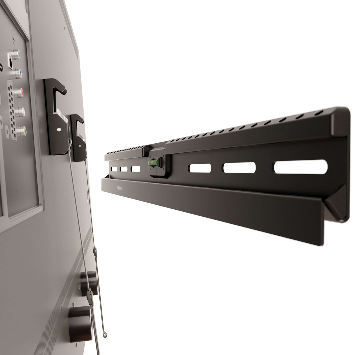 No Stud TV Wall Mount for TVs 37" to 85" No Stud TV Wall Mount for TVs 37 to 86 inches shown attached to drywall without studs, featuring a slim black metal design with automatic spring lock system and built-in bubble level for easy, precise installation and a sleek, professional finish ideal for mounting large TVs up to 132 lbs in spaces where drilling into wood studs is not possible or preferred.