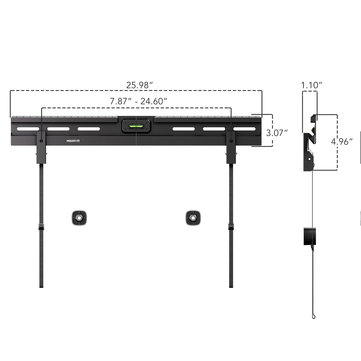 No Stud TV Wall Mount for TVs 37" to 85" Technical diagram of the No Stud TV Wall Mount for TVs 37" to 86" showing detailed dimensions including width of 25.98 inches, adjustable horizontal range from 7.87 to 24.60 inches, height of 3.07 inches on the mounting bar, and 1.1 inch slim side profile. Features a built-in bubble level and pull-release cords for easy installation and removal, designed for mounting TVs without drilling into studs.