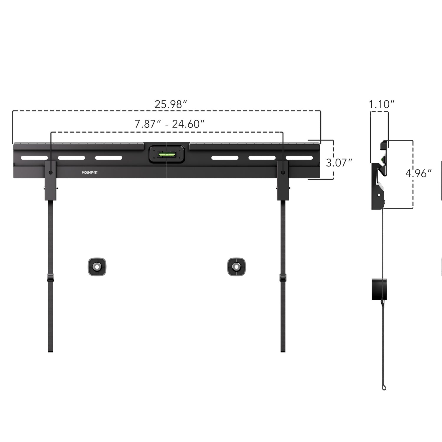 Technical diagram of the No Stud TV Wall Mount for TVs 37" to 86" showing detailed dimensions including width of 25.98 inches, adjustable horizontal range from 7.87 to 24.60 inches, height of 3.07 inches on the mounting bar, and 1.1 inch slim side profile. Features a built-in bubble level and pull-release cords for easy installation and removal, designed for mounting TVs without drilling into studs.