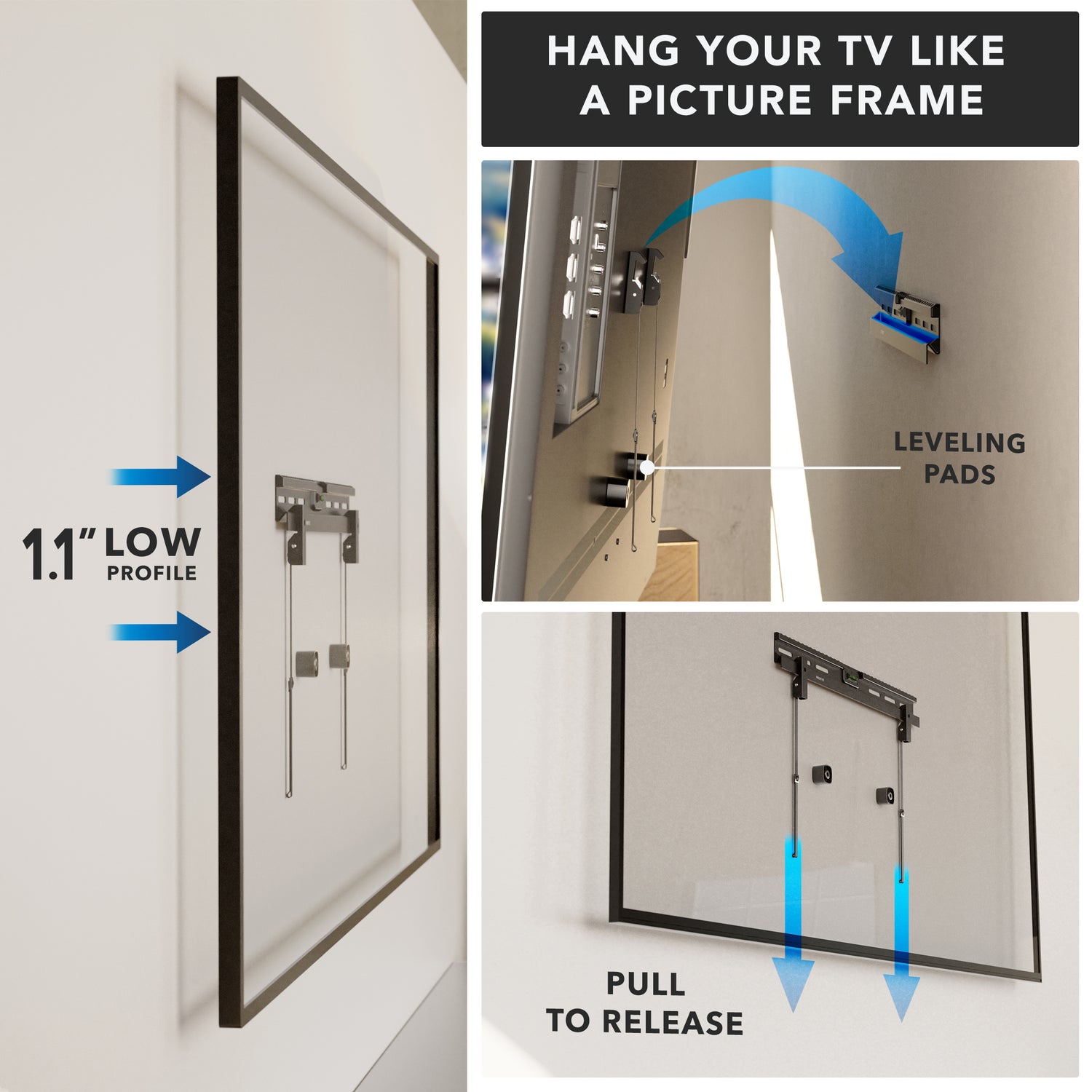Close-up views of the No Stud TV Wall Mount for TVs 37" to 86" showing its slim 1.1-inch low profile design that allows the TV to hang like a picture frame, featuring leveling pads for precise adjustment and a pull-to-release mechanism for easy TV removal and reinstallation, ideal for mounting large TVs securely on drywall without drilling into studs.