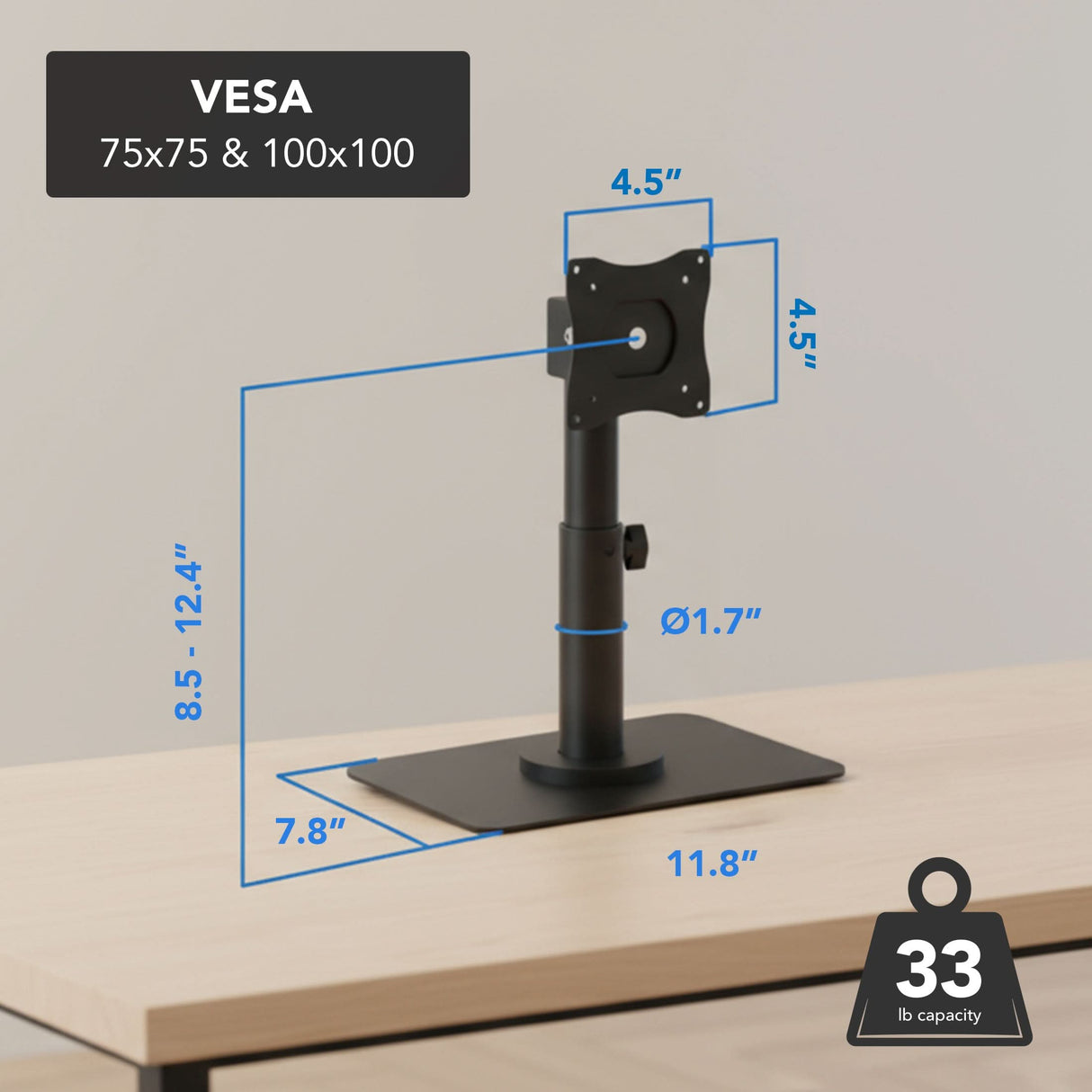 The Mount-It! Point-of-Sale Monitor Stand in black sits on a light wood desk, ideal for retail counters. Height adjusts from 8.5–12.4”, base is 11.8×8”, column diameter 1.7”, VESA mount 4.5”. Holds up to 33 lbs.