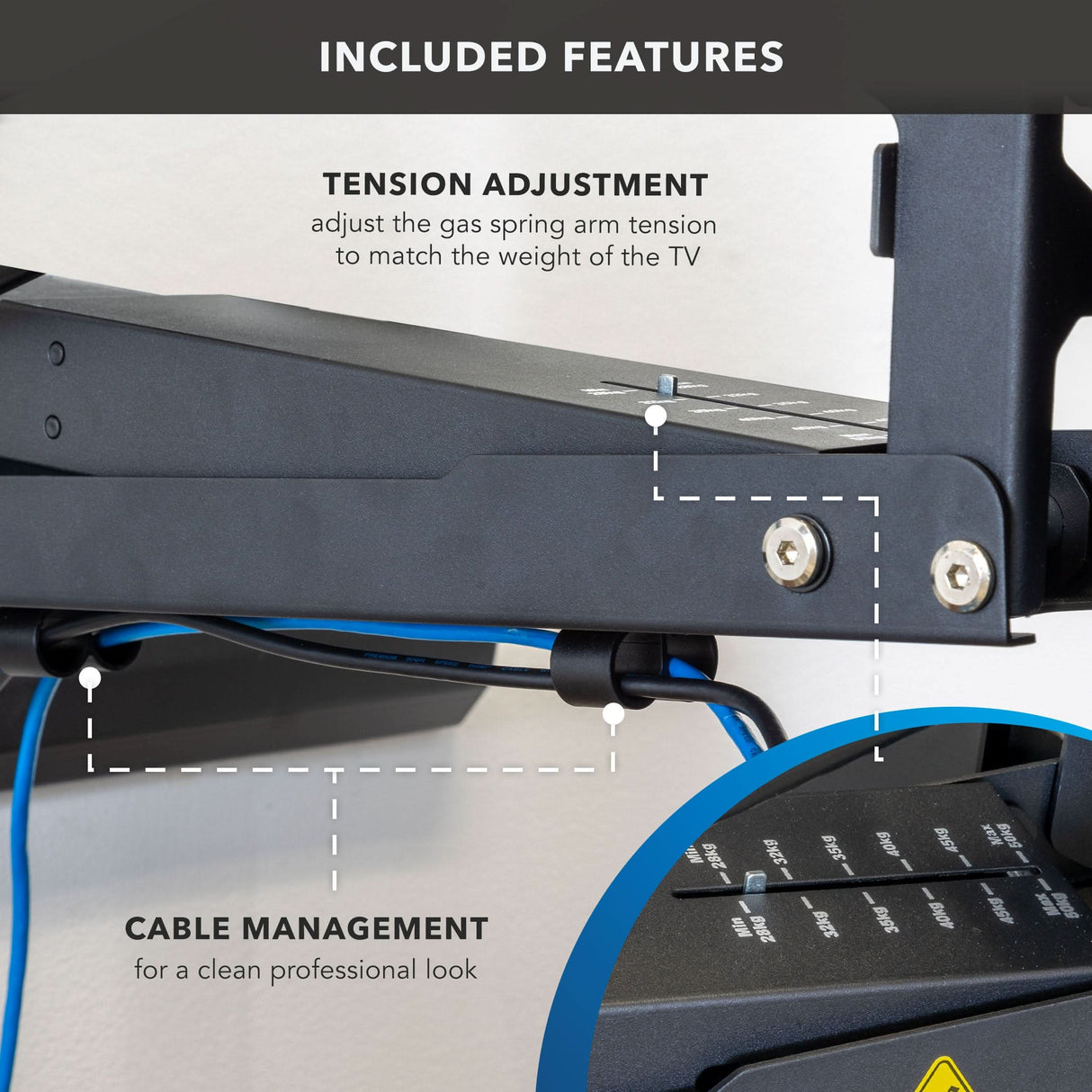 Pull Down Fireplace TV Mount - For TVs up to 65" Close-up view of the Pull Down Fireplace TV Mount showing the tension adjustment feature for balancing TV weight and the integrated cable management system designed to keep wires organized and maintain a clean professional appearance.