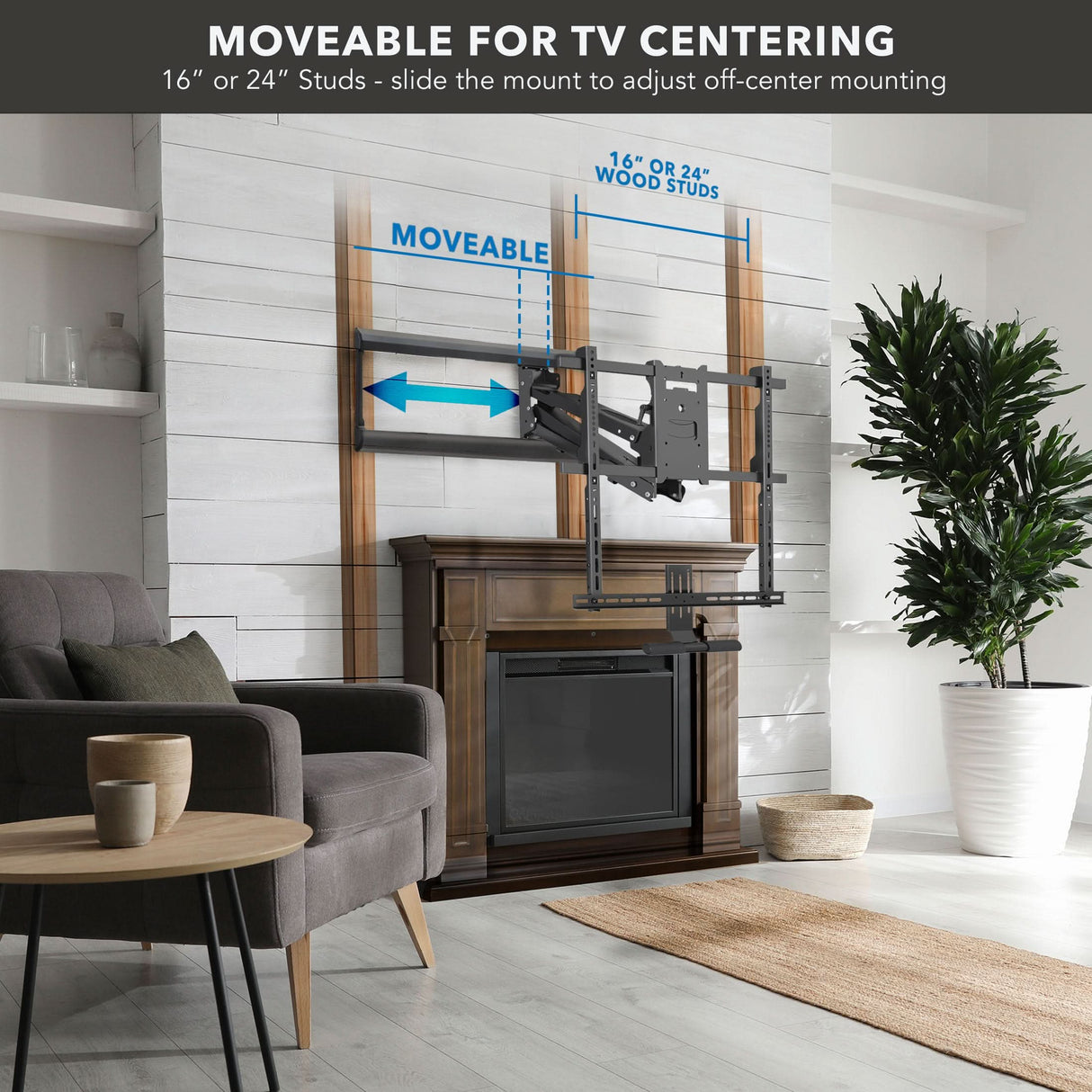 A modern living room features the Mount-It! Pull Down Fireplace TV Mount, shown with a gray chair, rug, and fireplace. A diagram highlights its full motion for centering TVs on 16 or 24-inch wood studs above the fireplace with blue arrows indicating movement.