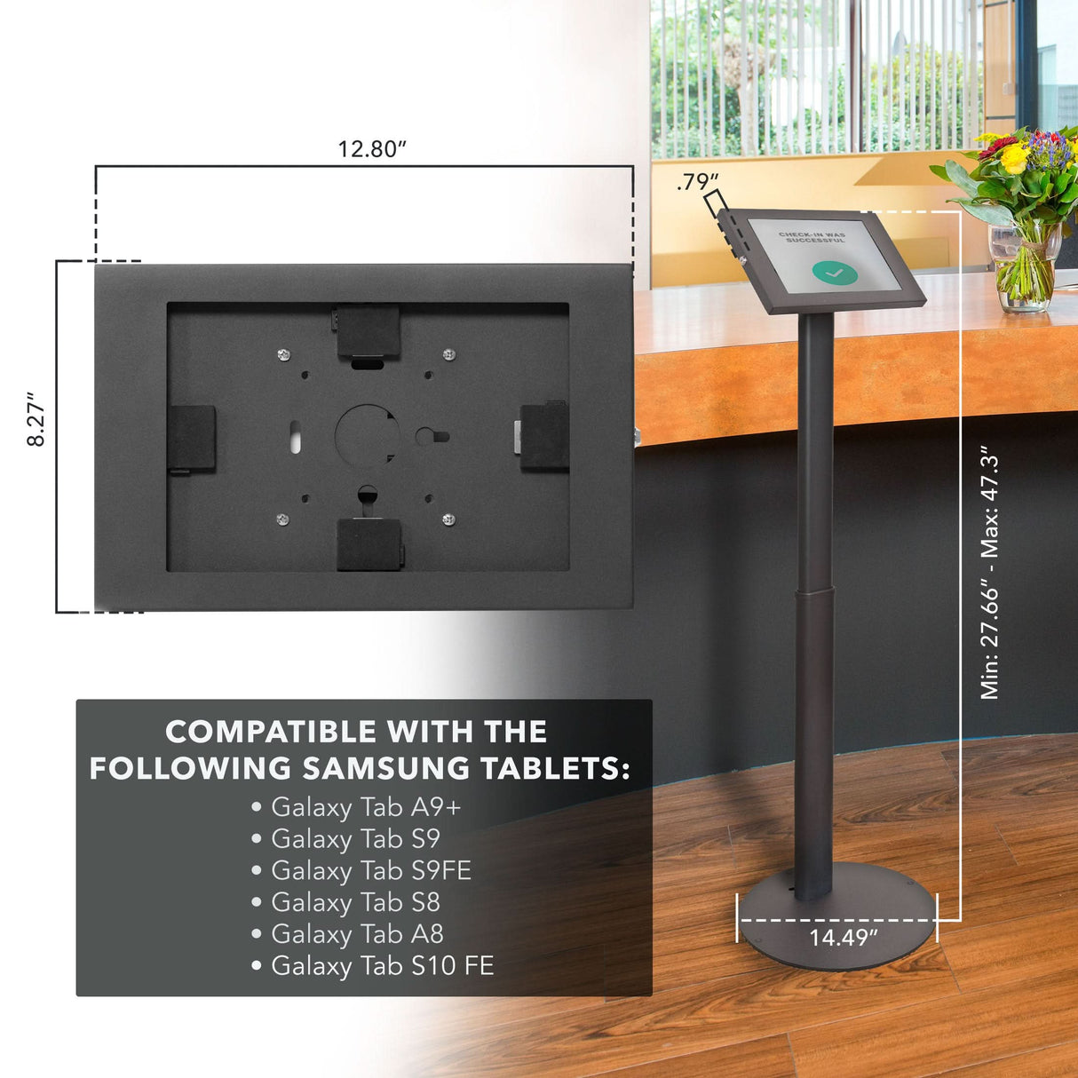 Anti-Theft Tablet Floor Stand for Samsung Anti-Theft Tablet Floor Stand for Samsung showing a lockable black enclosure designed for various Samsung Galaxy Tab models with dimensions 12.80 by 8.27 inches, a sturdy freestanding base measuring 14.49 inches in diameter, and an adjustable height ranging from 27.66 to 47.3 inches, positioned in a modern indoor setting near a window and countertop with flowers in a vase.