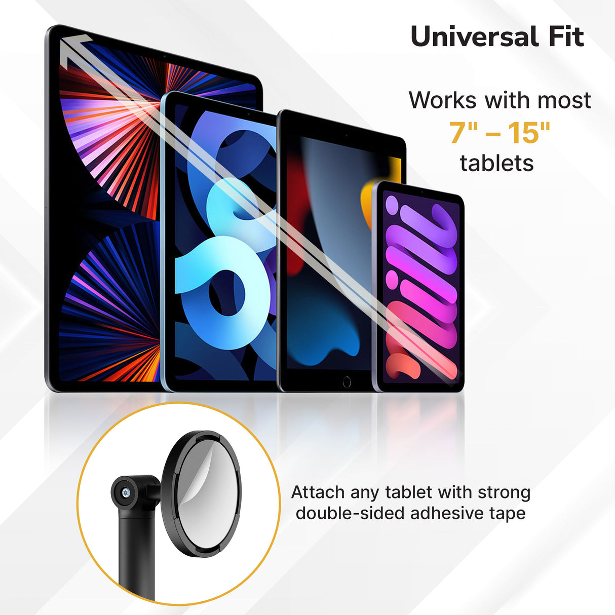 Universal Anti-Theft Tablet Countertop Stand Image shows the Mount-It! Universal Anti-Theft Tablet Countertop Stand securely holding 7–15 inch tablets with a universal holder and strong double-sided adhesive. Text reads Universal Fit and Works with most 7–15 inch tablets.