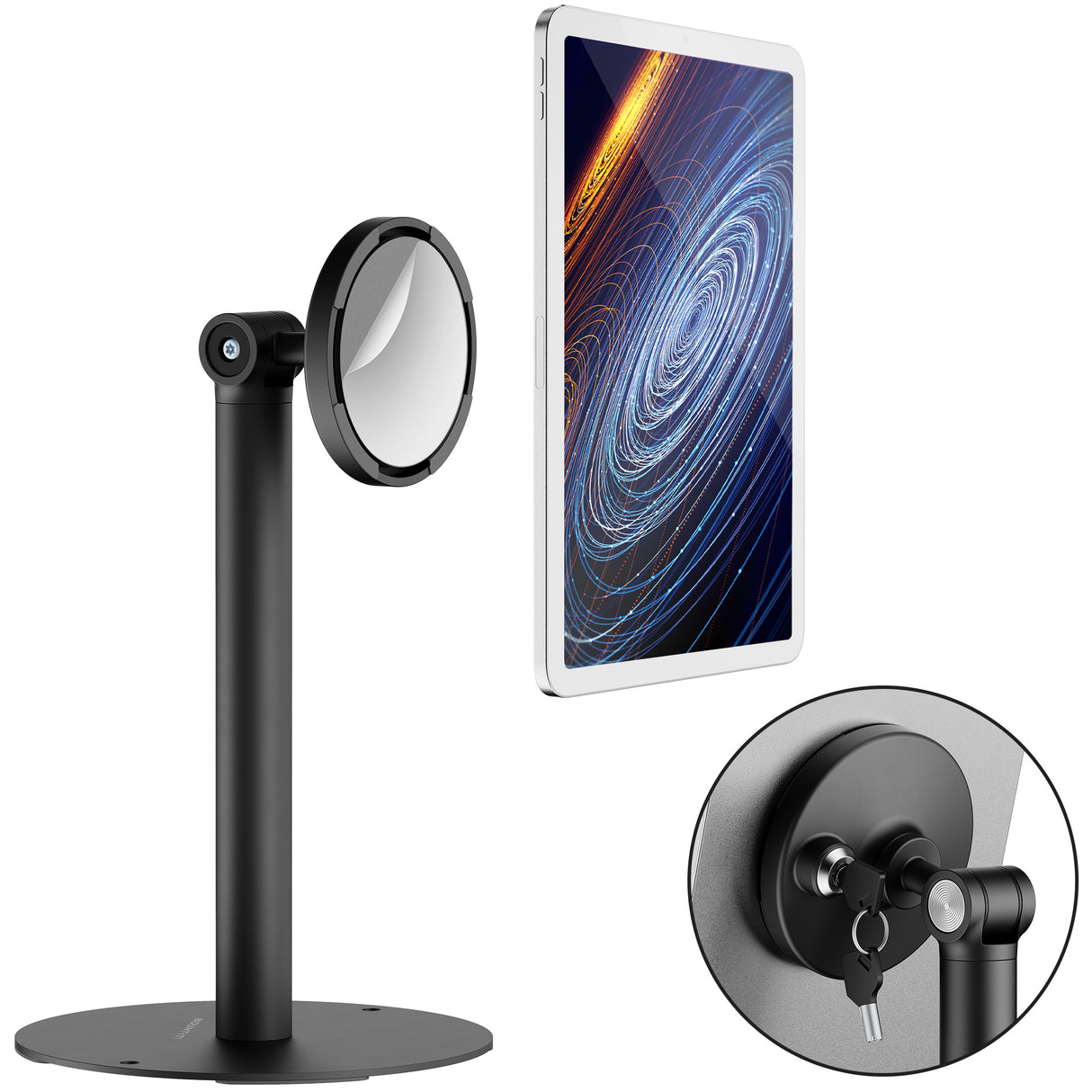 Universal Anti-Theft Tablet Countertop Stand The Mount-It! Universal Anti-Theft Tablet Countertop Stand is shown in black with a circular magnetic holder, supporting a tablet with a swirl design. An inset highlights its lock and key anti-theft mechanism.