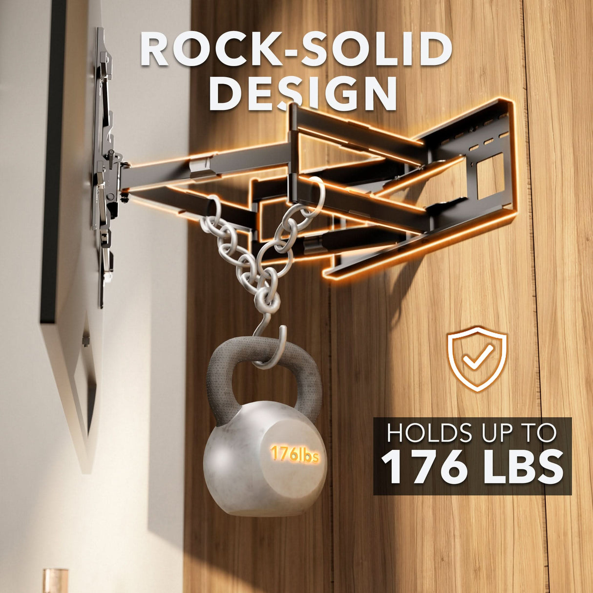 Heavy Duty Dual Arm TV Wall Mount with Extra Long Extension The Mount-It! Heavy Duty Dual Arm TV Wall Mount with Extra Long Extension holds up to 176 lbs, featuring rock-solid design and durability. A shield icon beside the text emphasizes its strength for securely mounting your TV.