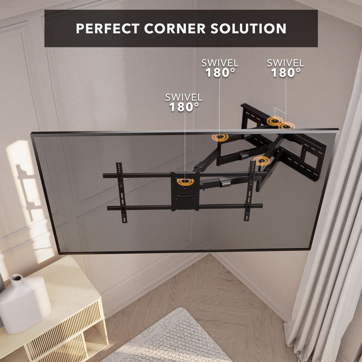 Heavy Duty Dual Arm TV Wall Mount with Extra Long Extension A Mount-It! Heavy Duty Dual Arm TV Wall Mount with Extra Long Extension supports a TV in the corner, with three joints each allowing 180° swivel. "Perfect Corner Solution" appears above the TV.