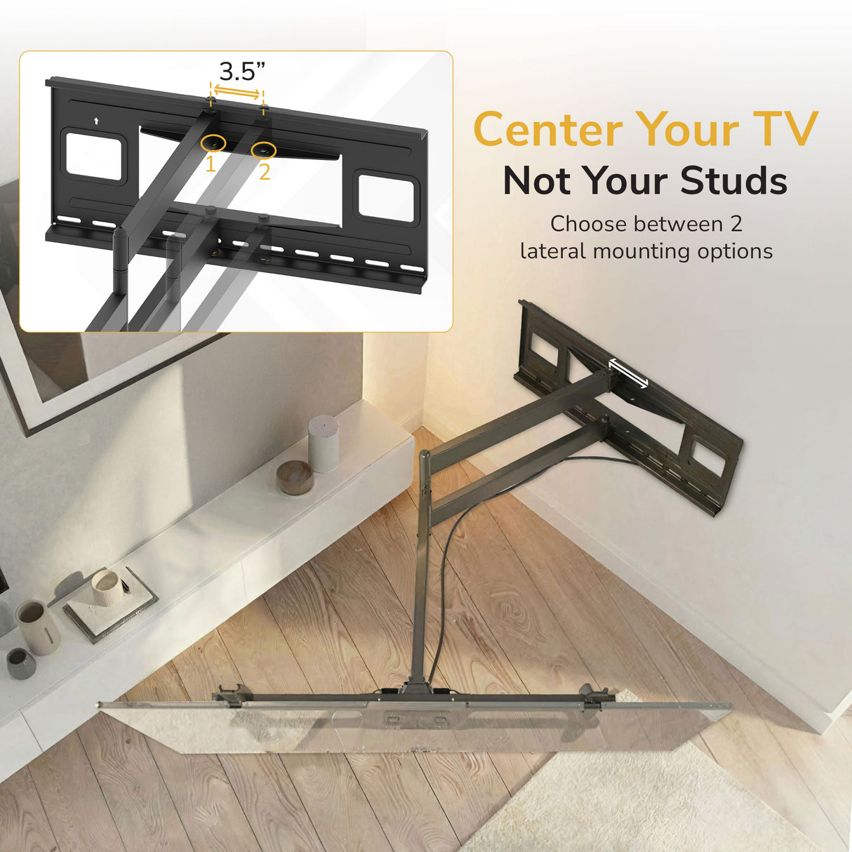 The Mount-It! Full-Motion TV Wall Mount with 40" Extension is displayed off-center on a living room wall. An inset shows two lateral mounting options for easy TV centering, and text highlights its dual-arm design feature.