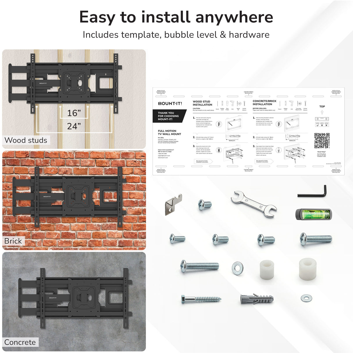 Mount-It! Full-Motion TV Wall Mount with 40" Extension: dual-arm design for wood studs, brick, and concrete walls. Includes hardware, template, bubble level, tools, and step-by-step installation guide.