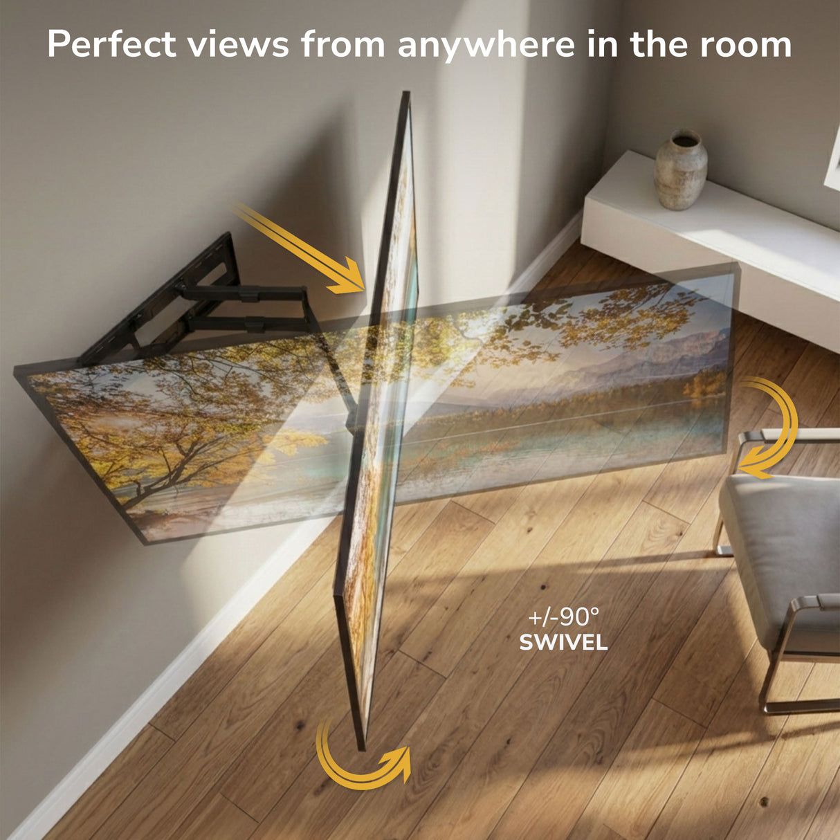 The Mount-It! Full-Motion TV Wall Mount with 40" Extension features sturdy dual arms that swivel left and right for wide-range viewing. Perfect views from anywhere in the room, shown in a modern space with natural light and a vase.