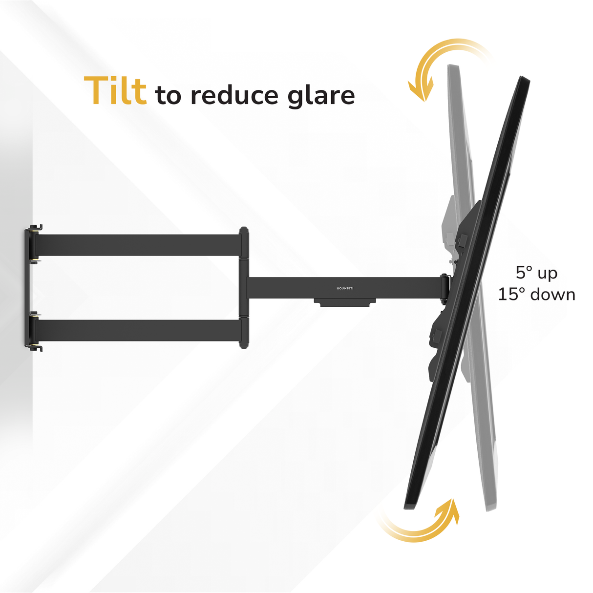 The Mount-It! Full-Motion TV Wall Mount with 40" Extension features a dual-arm design and tilts 5° up and 15° down to reduce glare. Arrows show tilt adjustment, while the extra long arm securely supports your TV from the wall.