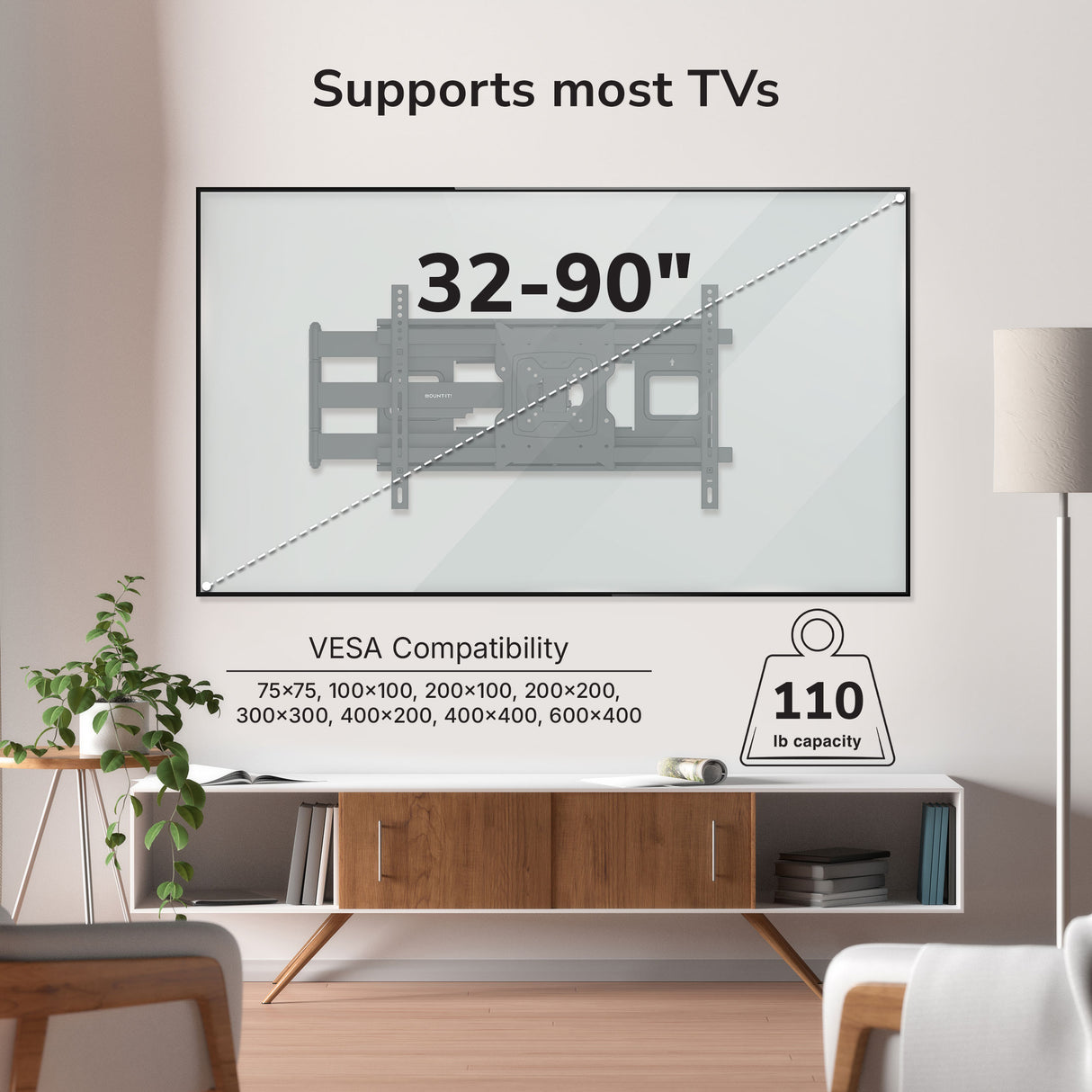 The Mount-It! Full-Motion TV Wall Mount with 40" Extension is shown in a modern living room, supporting most 32-90" TVs (VESA compatible) up to 110 lbs, featuring sturdy dual arms with tilt and swivel for optimal viewing.