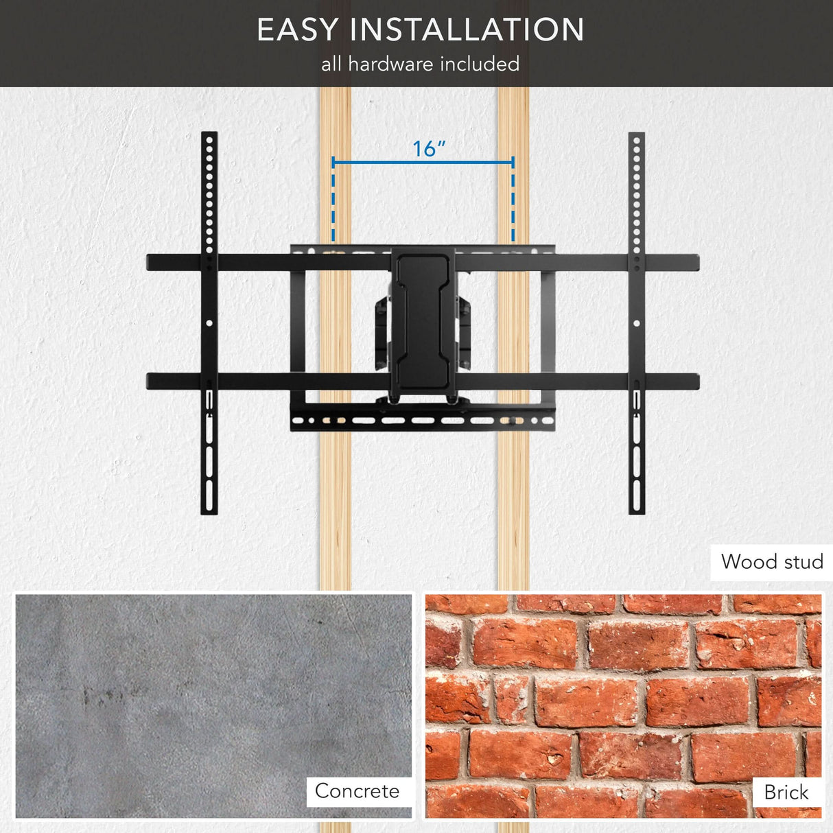 Full Motion TV Wall Mount with Extra Long Extension for 43" - 100" TVs Diagram of Mount-It! Full Motion TV Wall Mount for 43"–100" TVs on wood studs, with measurements and “Easy Installation, all hardware included.” Images show compatibility with concrete and brick. Features swivel, tilt, and extra long extension.