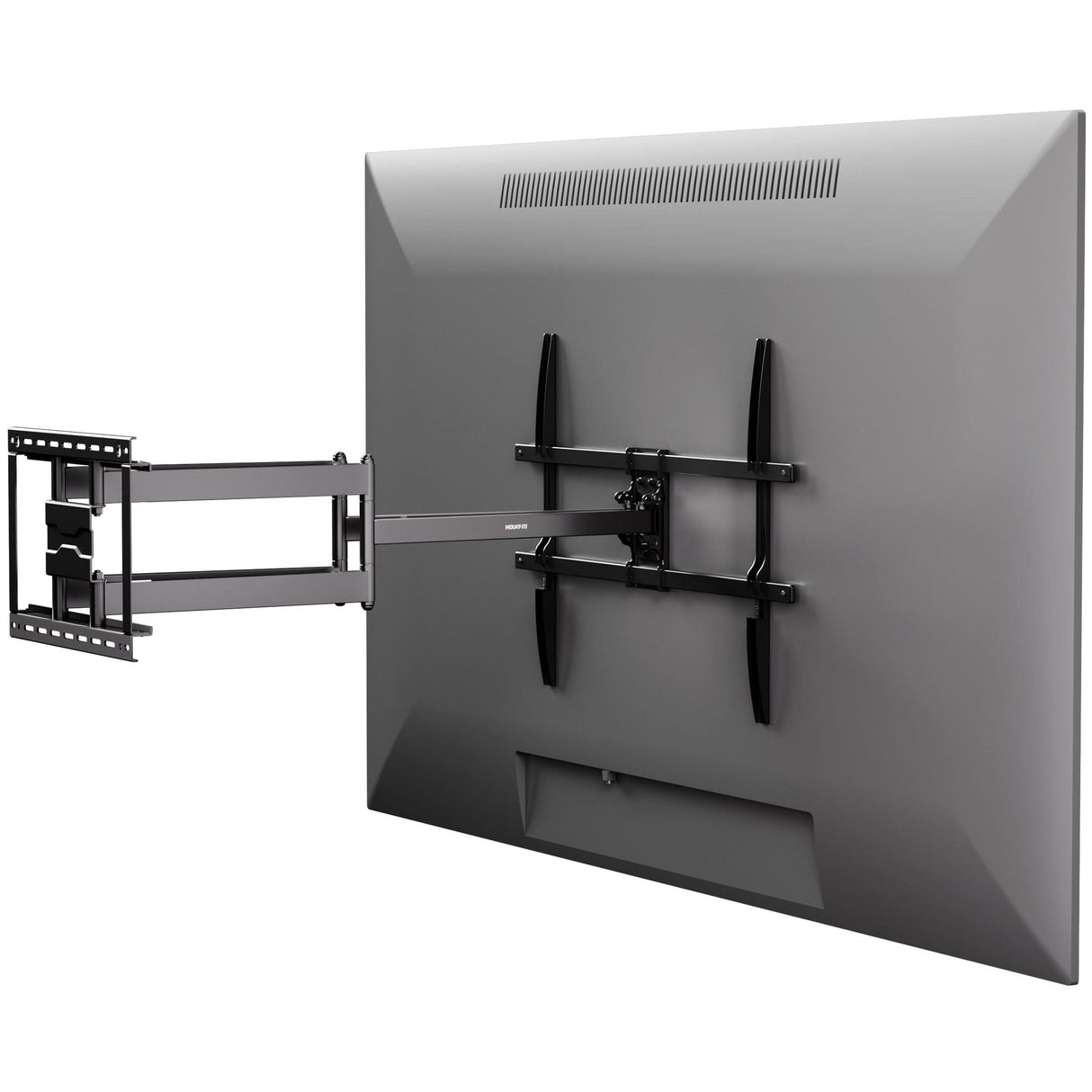 Full Motion TV Wall Mount with Extra Long Extension for 43" - 100" TVs Full Motion TV Wall Mount with Extra Long Extension for 43" - 100" TVs shown installed on a large flat-screen television, featuring a heavy-duty steel dual arm design that extends outward for versatile viewing angles while securely supporting the TV, demonstrating the mount’s capability for long extension and flexible positioning in a sleek, professional setup.