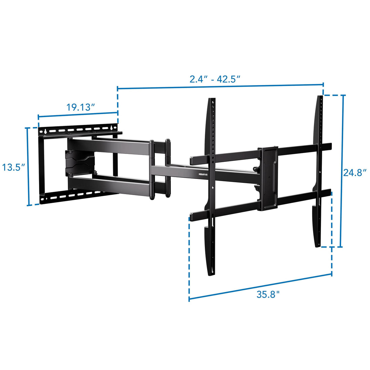 Full Motion TV Wall Mount with Extra Long Extension for 43" - 100" TVs Full Motion TV Wall Mount with Extra Long Extension designed for 43" to 100" TVs, showing detailed measurements including 42.5" extension, 19.13" base depth, 24.8" height, and 35.8" width. Heavy-duty steel construction with dual arms supports large screens, allowing swivel, tilt, and retractable positioning for perfect viewing angles in any room. Professional, sturdy design for secure mounting.