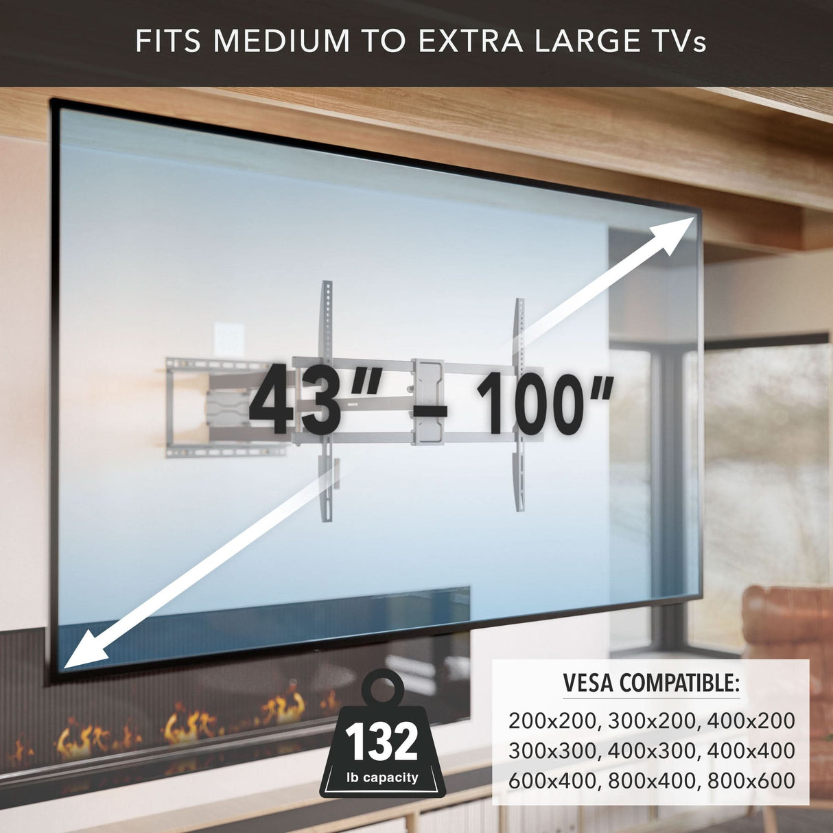 Full Motion TV Wall Mount with Extra Long Extension for 43" - 100" TVs Full Motion TV Wall Mount with Extra Long Extension supports medium to extra-large TVs from 43 to 100 inches, featuring a heavy-duty steel design with 132 lb capacity, compatible with VESA patterns up to 800x600, ideal for secure, adjustable mounting in any room.