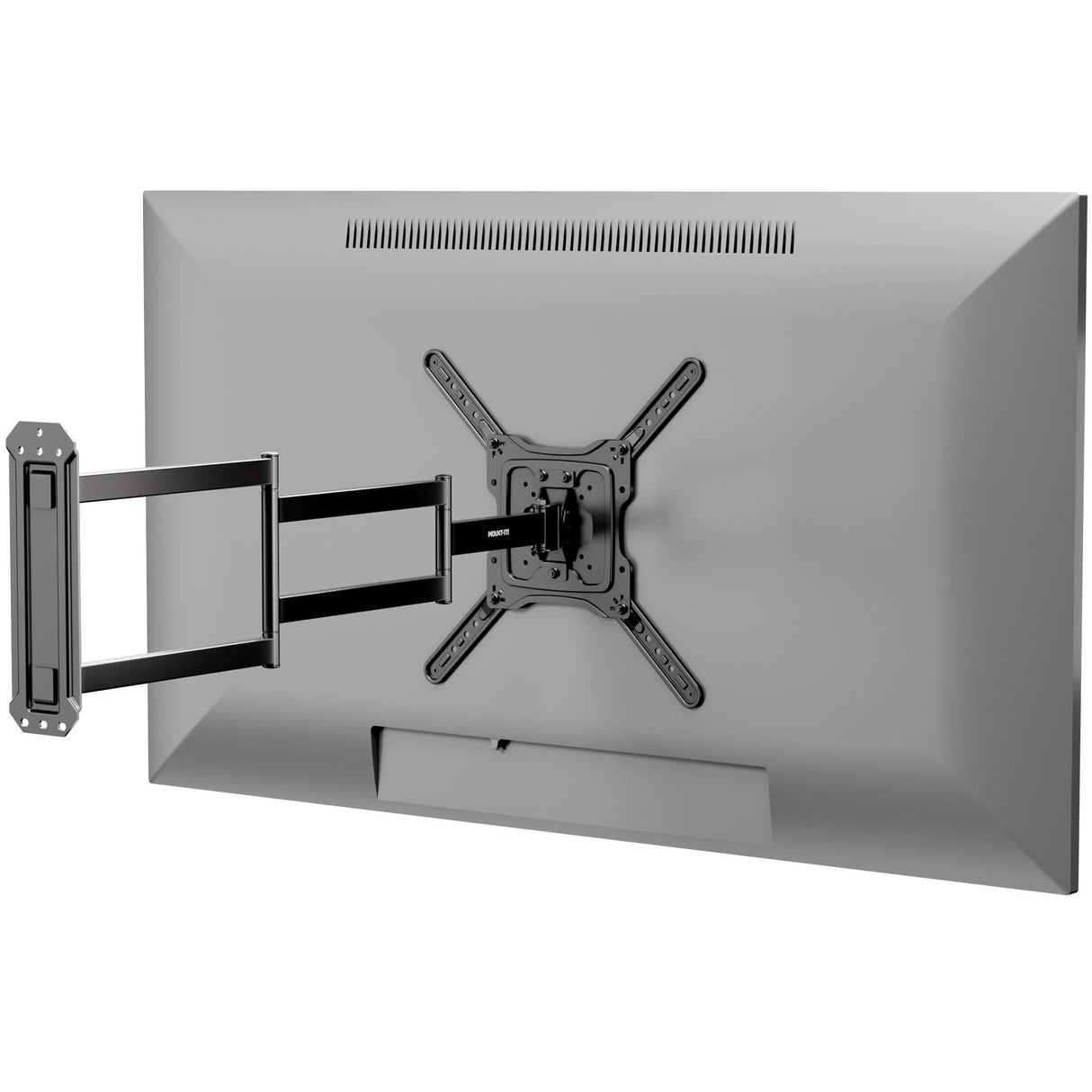 Full Motion TV Wall Mount with Extra Long Extension for 23"-65" TVs Full Motion TV Wall Mount with Extra Long Extension for 23"-65" TVs shown mounted on the back of a flat screen, featuring a robust steel arm extended to maximum length with multi-joint design for smooth tilt, swivel, and rotation adjustments, ideal for corner mounting and flexible viewing positions in a room.