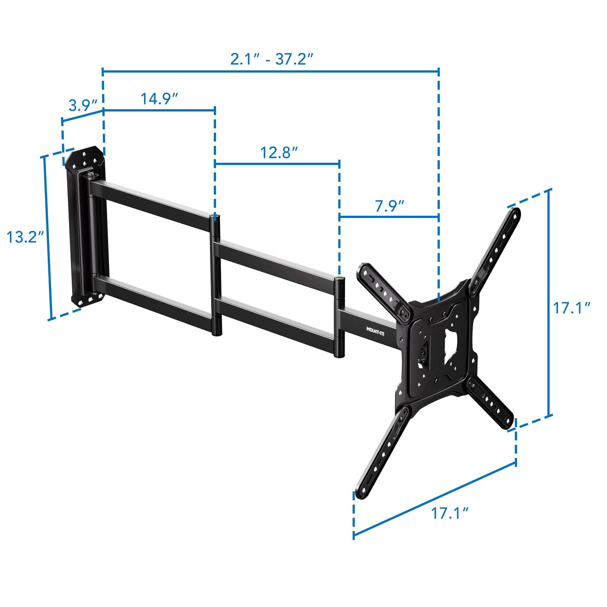 Full Motion TV Wall Mount with Extra Long Extension for 23"-65" TVs Full Motion TV Wall Mount with Extra Long Extension for 23"-65" TVs showing detailed dimensions including maximum extension of 37.2 inches, height of mounting plate 13.2 inches, and 17.1-inch square mounting brackets, illustrating the adjustable arm and durable steel construction designed for versatile positioning and secure support.