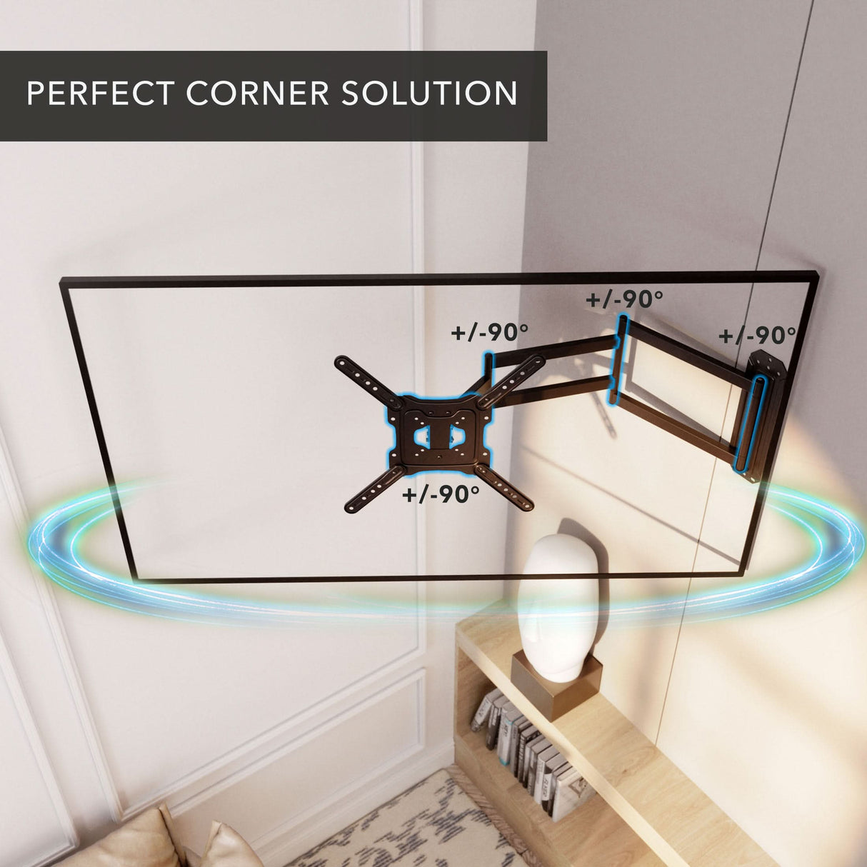 Full Motion TV Wall Mount with Extra Long Extension for 23"-65" TVs Full Motion TV Wall Mount with Extra Long Extension for 23"-65" TVs shown installed in a corner with the mount fully extended and swivel range highlighted, demonstrating its perfect corner solution and +/- 90-degree adjustable angles for optimal viewing flexibility and space-saving placement.