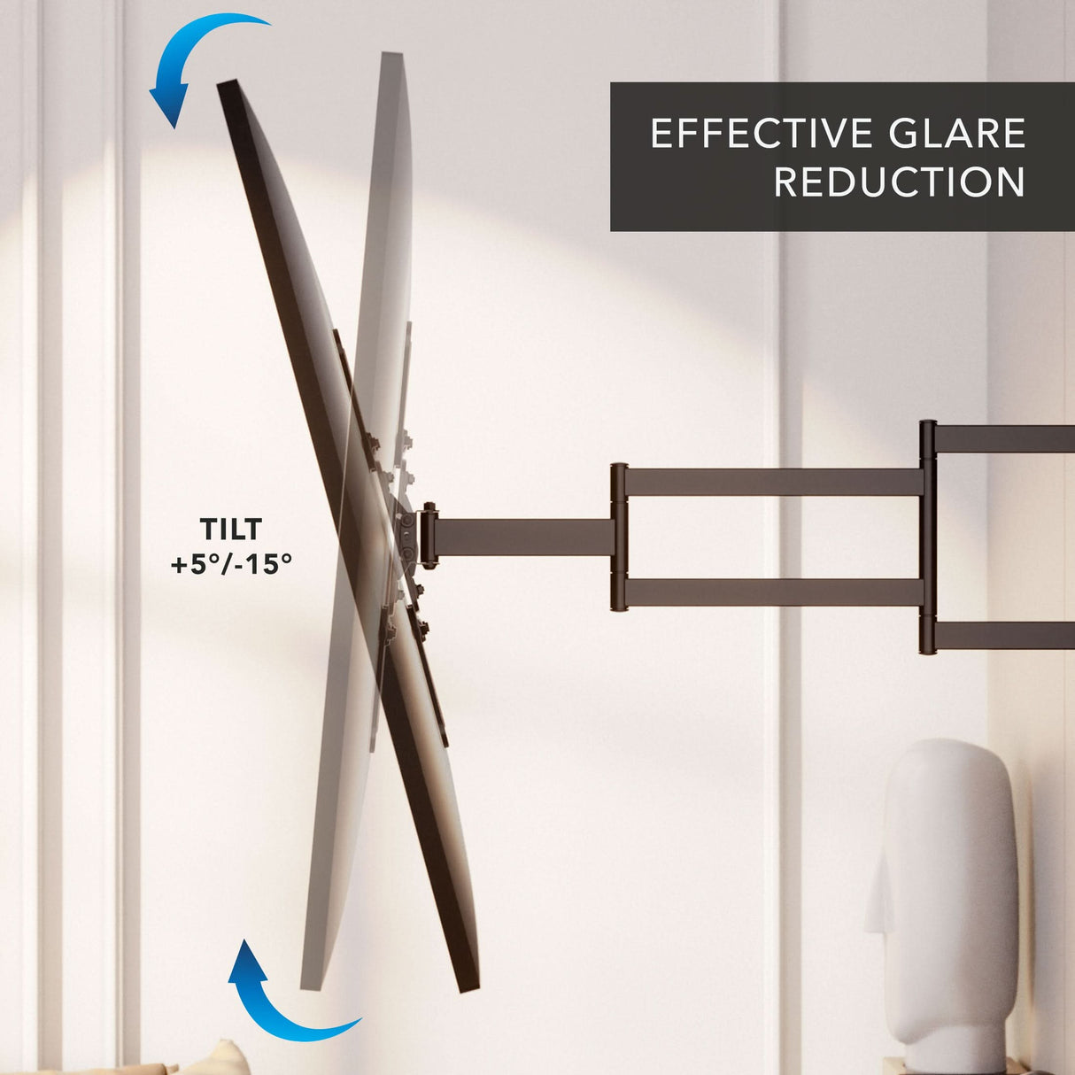 Full Motion TV Wall Mount with Extra Long Extension for 23"-65" TVs Side view of a Full Motion TV Wall Mount with Extra Long Extension for 23"-65" TVs showing the adjustable tilt feature with a range of +5 to -15 degrees to effectively reduce glare and provide optimal viewing angles. The mount extends from the wall with a sturdy arm design for versatile positioning in a room.