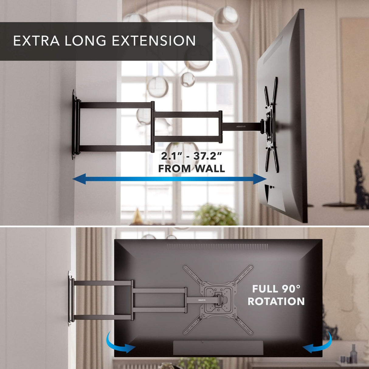 Full Motion TV Wall Mount with Extra Long Extension for 23"-65" TVs Full Motion TV Wall Mount with Extra Long Extension for 23"-65" TVs by Mount-It! showing the mount extended 37.2 inches from the wall with a TV attached, demonstrating smooth swivel and full 90-degree rotation for versatile viewing angles and easy adjustment in a modern living room setting.