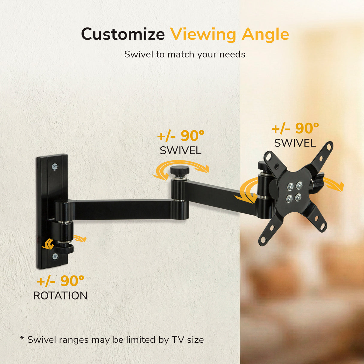 Full Motion Display Wall Mount The Mount-It! Full Motion Display Wall Mount features adjustable arms, dual +/-90° swivel points, and +/-90° rotation at the base for flexible viewing. Text highlights swivel functions and VESA mounting limits based on TV size.