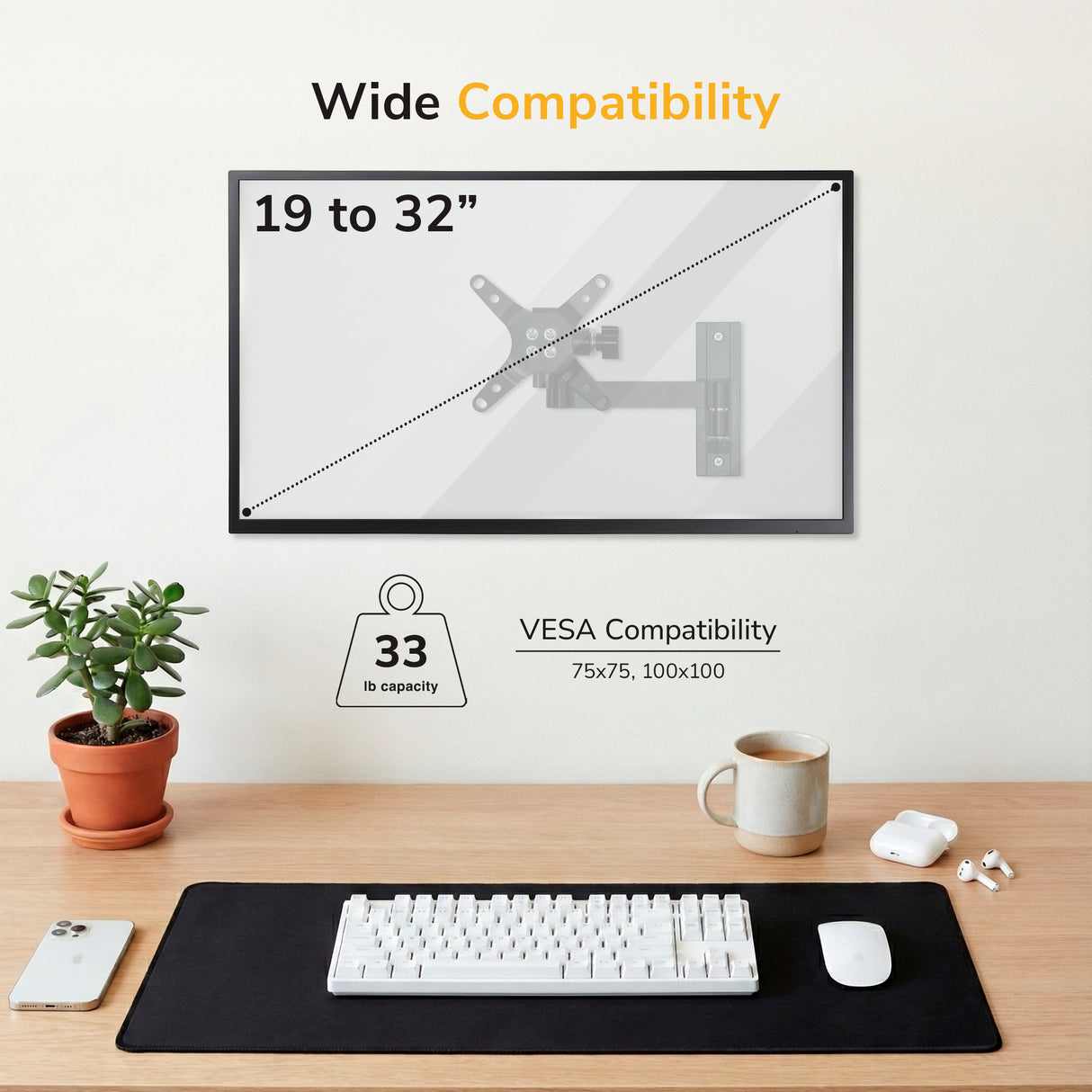 Full Motion Display Wall Mount The Mount-It! Full Motion Display Wall Mount supports 19–32” monitors up to 33 lbs with VESA 75x75 or 100x100 compatibility, shown holding a transparent monitor above an organized desk with keyboard, mouse, notepad, plant, and cup.