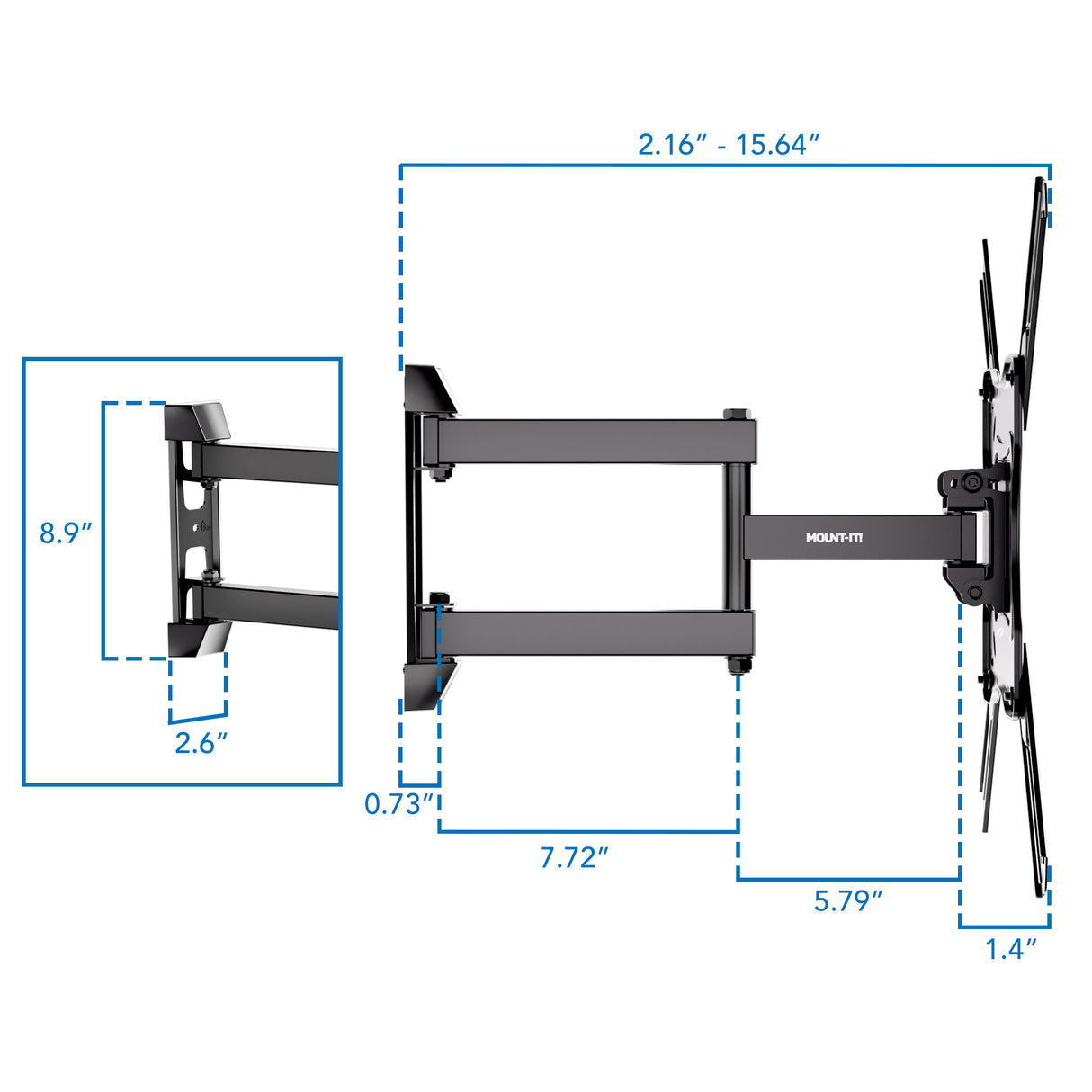 Full Motion TV Wall Mount Diagram of the Mount-It! Full Motion TV Wall Mount: height 8.9", min extension 2.16", max extension 15.64", arm segments 7.72" & 5.79", wall plate width 2.6", tilt adjustment 1.4°–0.73°, with VESA compatibility shown.
