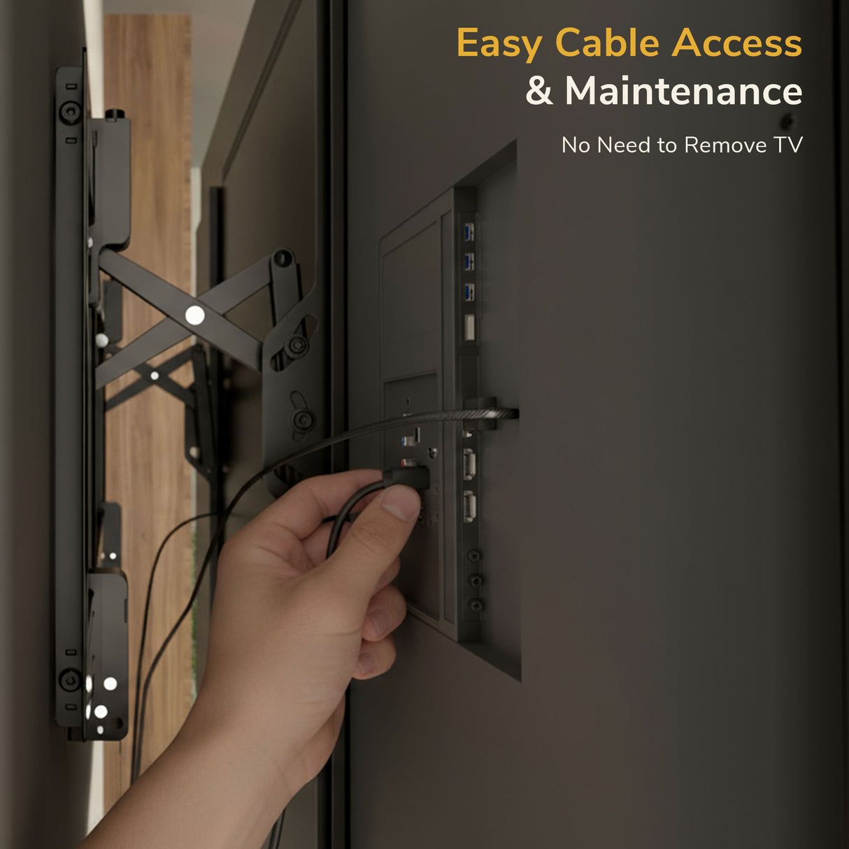 Heavy-Duty XL Advanced Tilt TV Wall Mount A hand plugs a cable into the back of a TV on the Mount-It! Heavy-Duty XL Advanced Tilt TV Wall Mount. Text: Easy Cable Access & Maintenance—No Need to Remove TV. Multiple ports and cables are accessible for simple management.