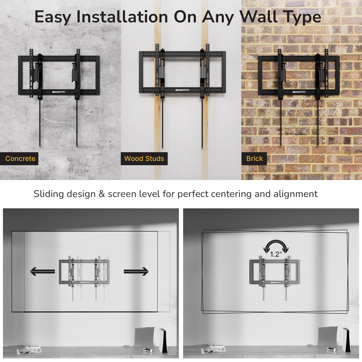 Image of the Mount-It! Heavy-Duty Advanced Tilt TV Wall Mount installed on concrete, wood stud, and brick walls. Diagrams show its sliding centering design and tilt mechanism for quick, easy TV leveling.