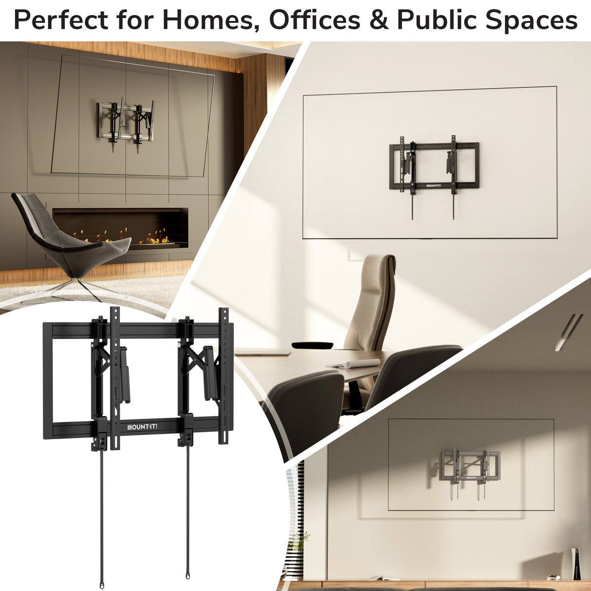 Collage displays the Mount-It! Heavy-Duty Advanced Tilt TV Wall Mount in a modern living room, chic office, and public space. Built with durable steel. Text above: "Perfect for Homes, Offices & Public Spaces.