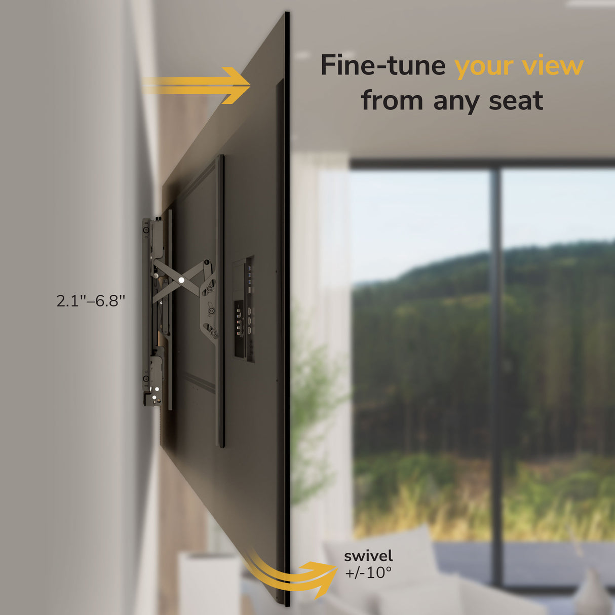 Heavy-Duty XL Advanced Tilt TV Wall Mount The Mount-It! Heavy-Duty XL Advanced Tilt TV Wall Mount is shown tilting and swiveling with a 2.1-6.8" extension, extended tilt, and ±10° swivel. A large window with blurred outdoor scenery appears in the background.