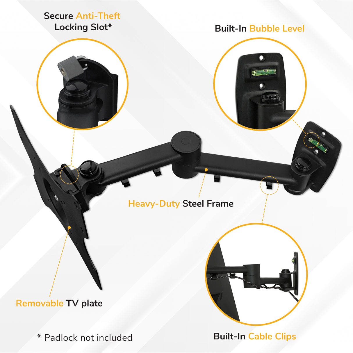 Full Motion TV Wall Mount The Mount-It! Full Motion TV Wall Mount is shown from various angles, featuring a VESA-compatible design, anti-theft locking slot, removable TV plate, bubble level, cable clips, and heavy-duty steel frame. Padlock not included.
