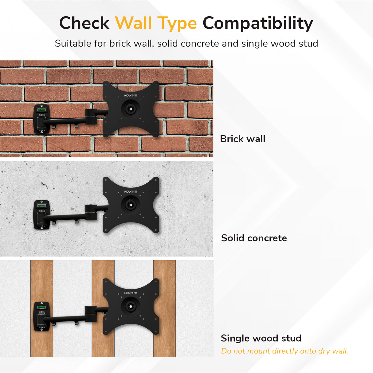 Full Motion TV Wall Mount Instructional graphic of Mount-It! Full Motion TV Wall Mount installed on brick, solid concrete, and single wood stud, with a note: do not mount directly onto drywall.