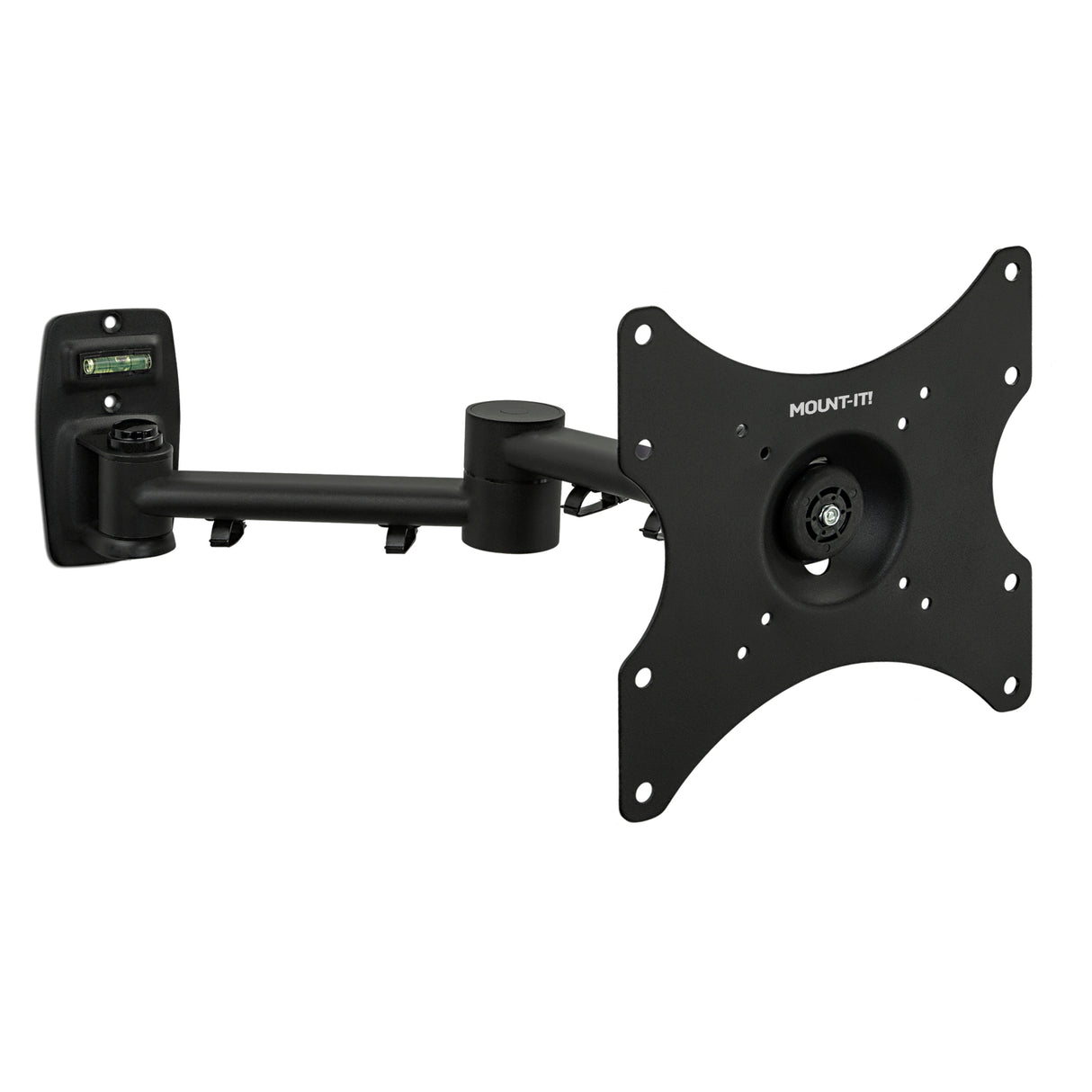 Full Motion TV Wall Mount The Mount-It! Full Motion TV Wall Mount features a black, adjustable arm with a flat square VESA-compatible plate, multiple screw holes, and a built-in bubble level on the wall bracket.