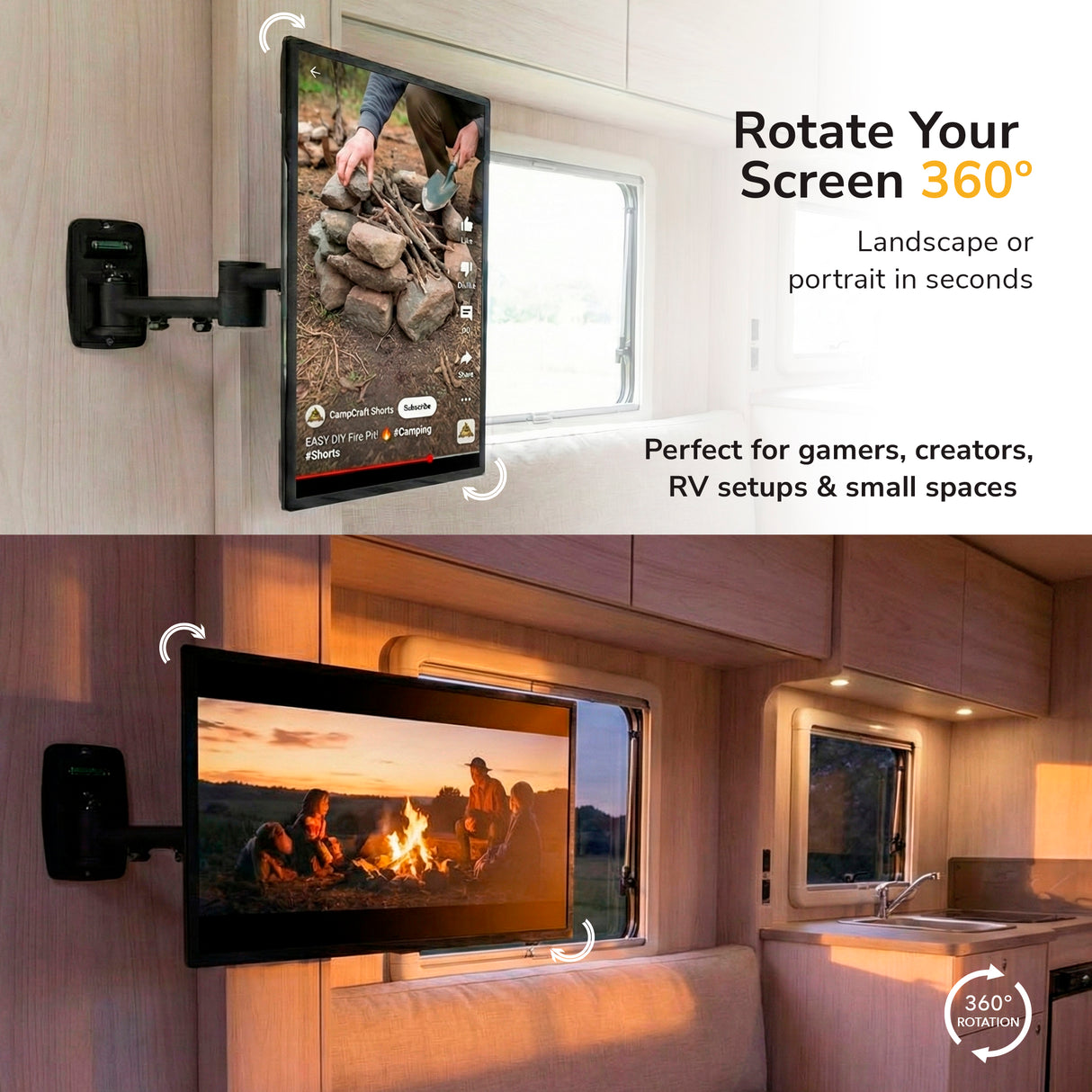 Full Motion TV Wall Mount The Mount-It! Full Motion TV Wall Mount is VESA compatible for RVs, rotating 360° for vertical or horizontal display. Ideal for gamers, creators, small spaces, and RV setups needing flexible swivel tilt orientation.