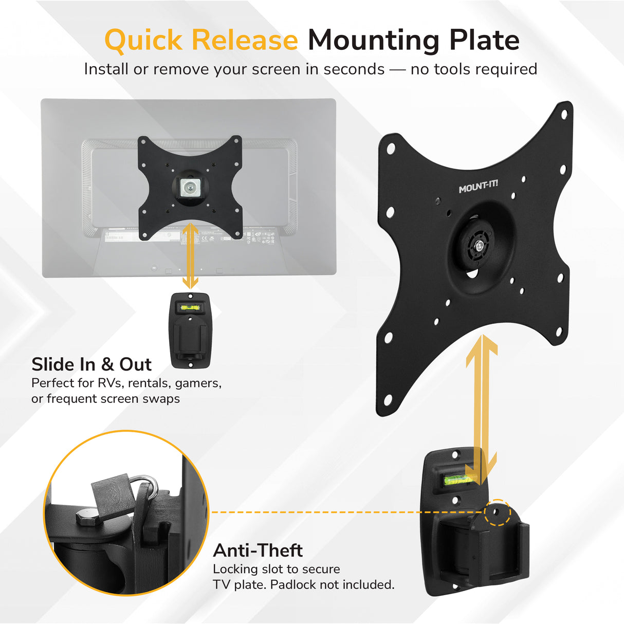 Anti-Theft Full Motion TV Wall Mount Diagram of Mount-It! Anti-Theft Full Motion TV Wall Mount in black shows installation steps, slide-in screen removal, and anti-theft slot. Text highlights convenience and security of this VESA-compatible mount.