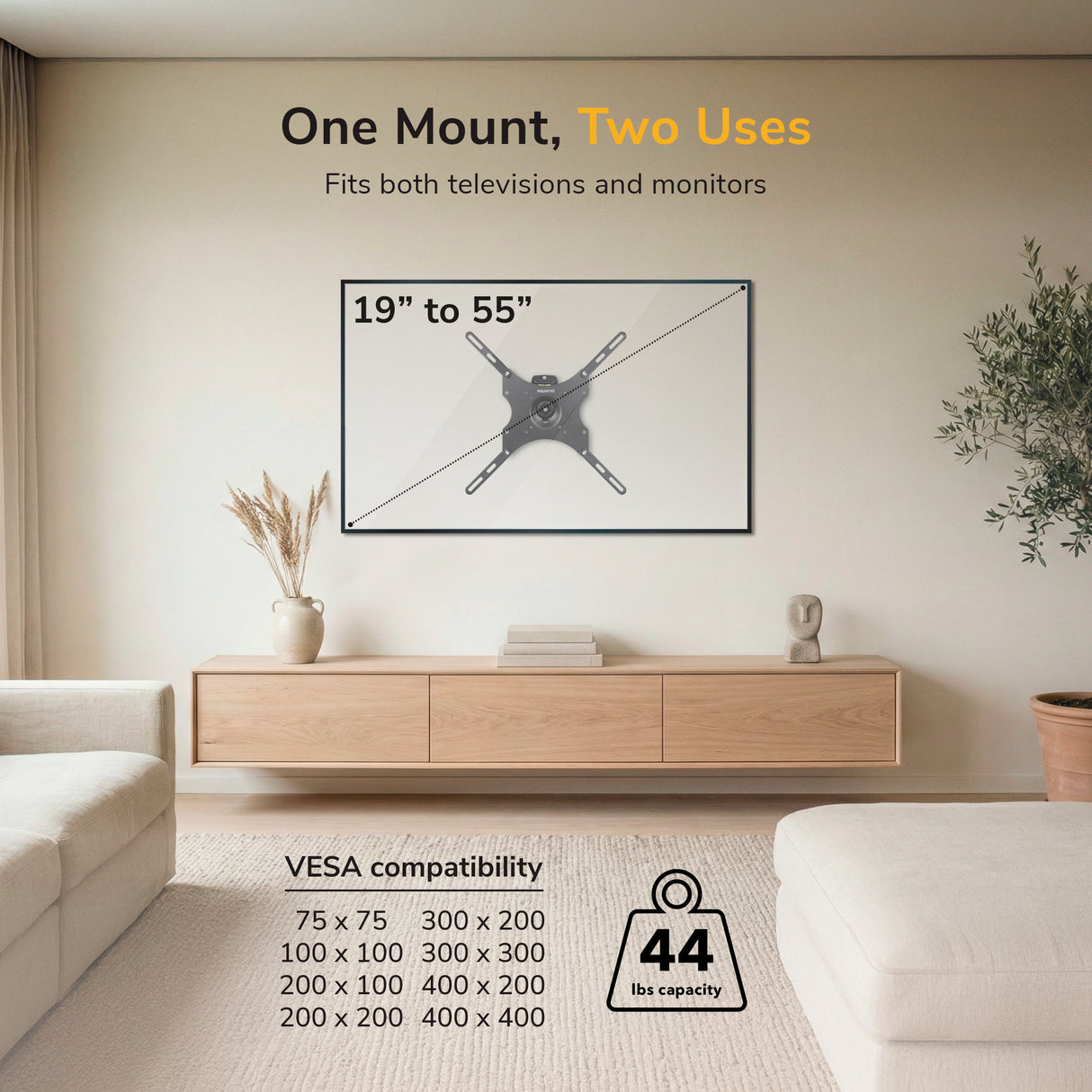 Anti-Theft Full Motion TV Wall Mount The Mount-It! Anti-Theft Full Motion TV Wall Mount is shown above a wooden cabinet in a modern living room, fitting 19”-55” screens, multiple VESA sizes, and up to 44 lbs, and featuring anti-theft security.