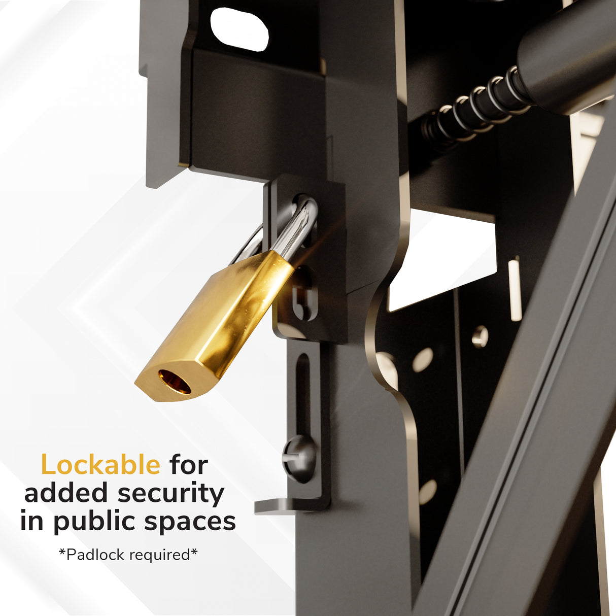 A close-up of the Mount-It! Pop-Out Video Wall Mount secured with a brass padlock. Text on image: Lockable for extra security in public spaces. Perfect for video wall installations. *Padlock required.*.